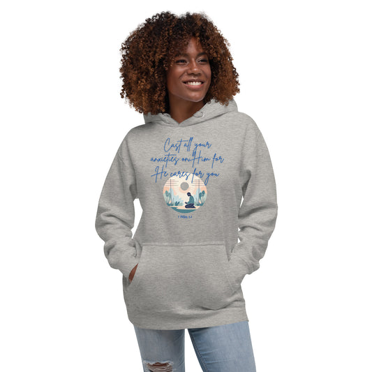 Tees of Worship gray hoodie with He cares for you faith message and desert design