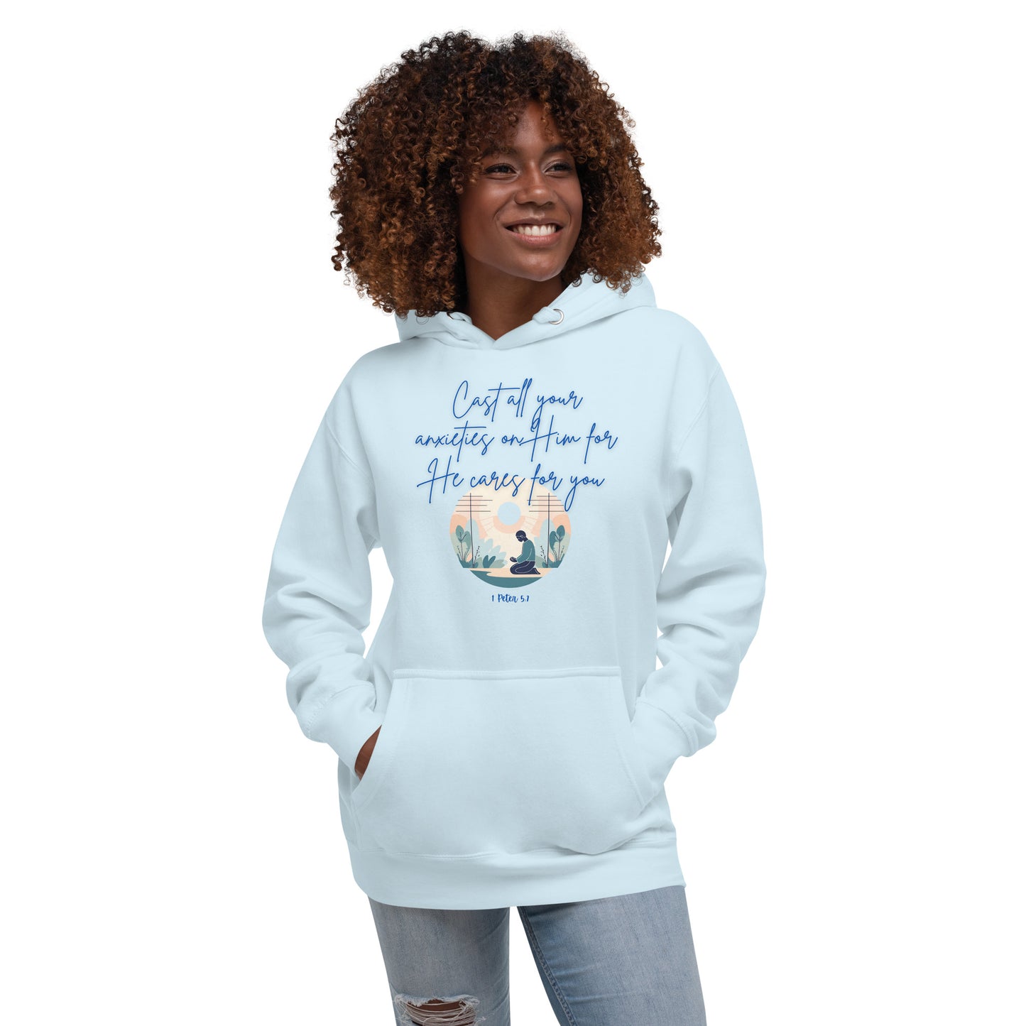 Light blue Tees of Worship hoodie with inspirational He cares for you scripture design