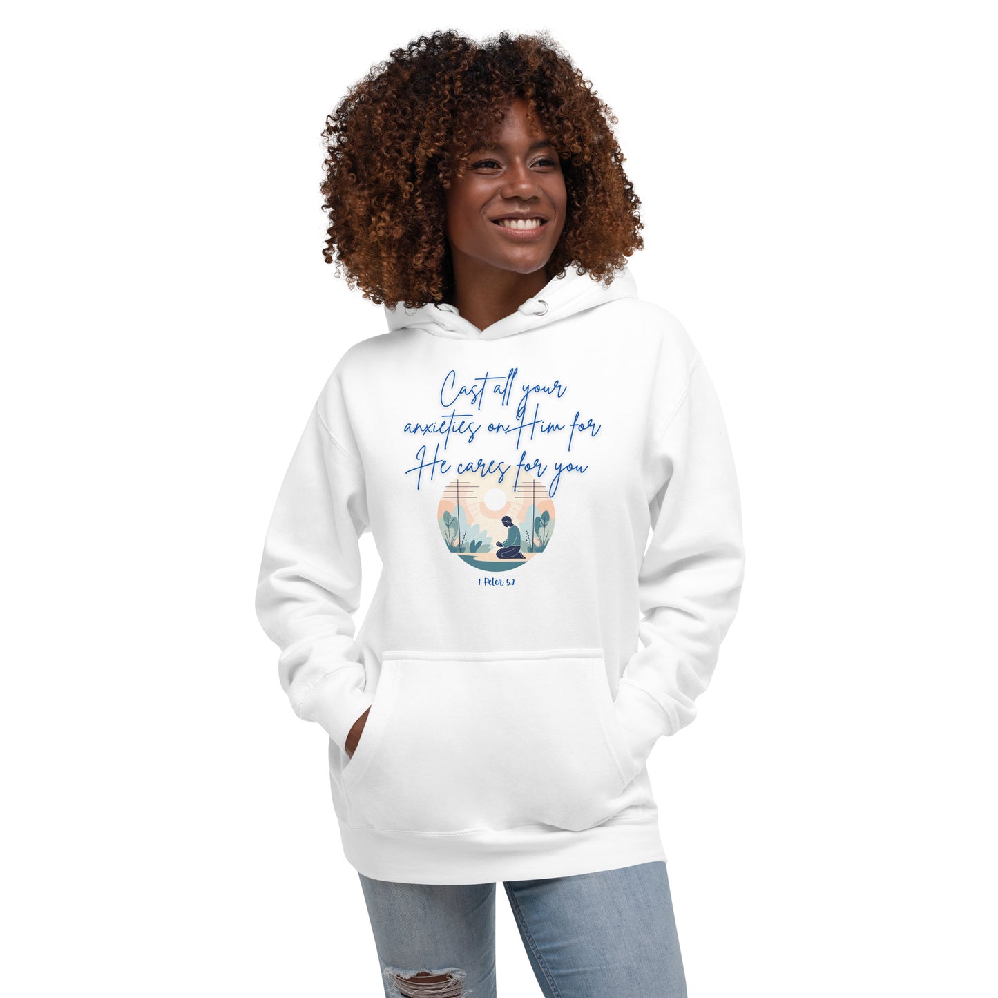 White Tees of Worship hoodie with he cares for you design featuring scripture and nature illustration