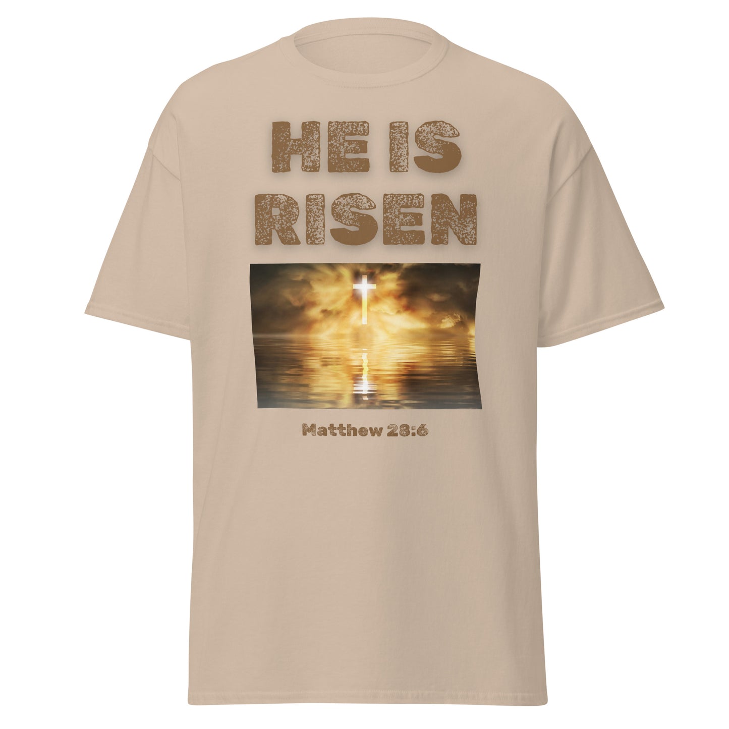 Beige He Is Risen T-Shirt by Tees of Worship with sunrise cross design and Matthew 28:6 scripture