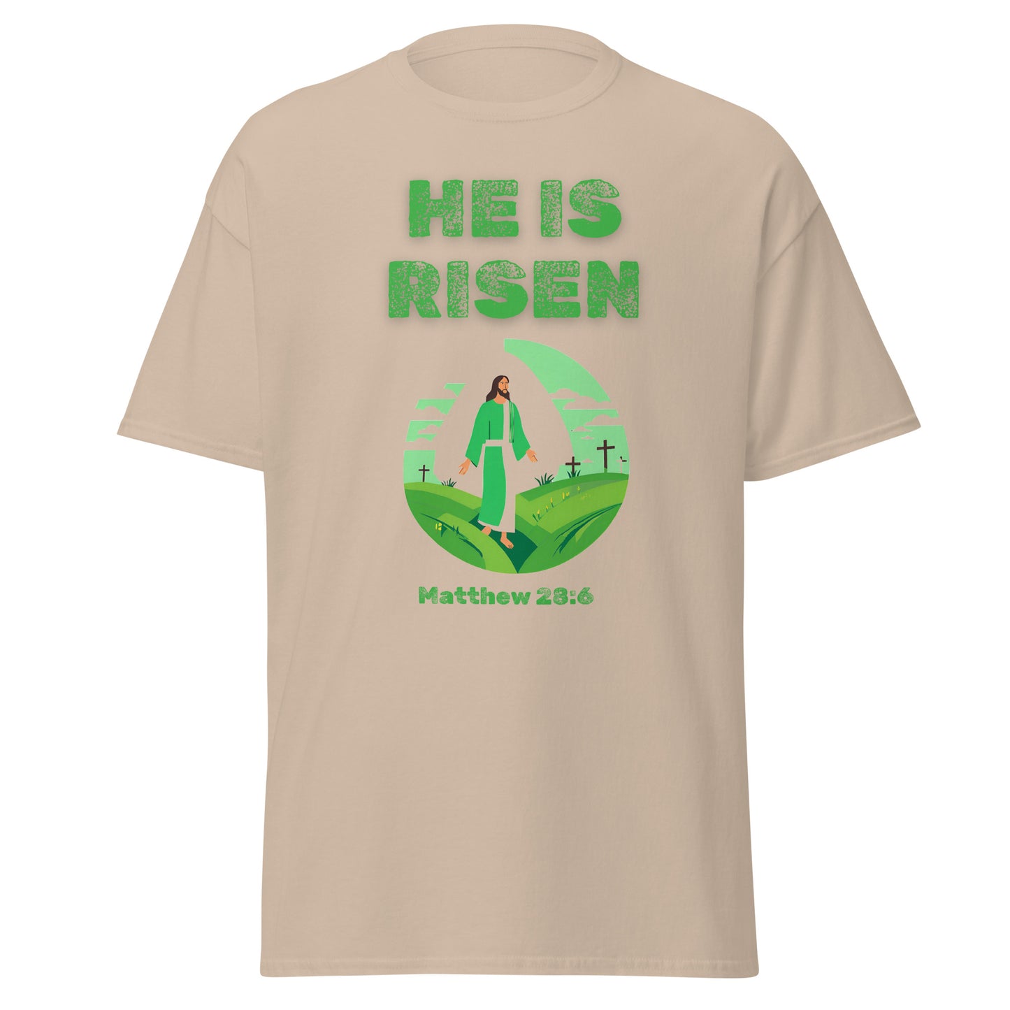 Beige He Is Risen t-shirt from Tees of Worship featuring green text and Jesus illustration with Matthew 28:6 scripture