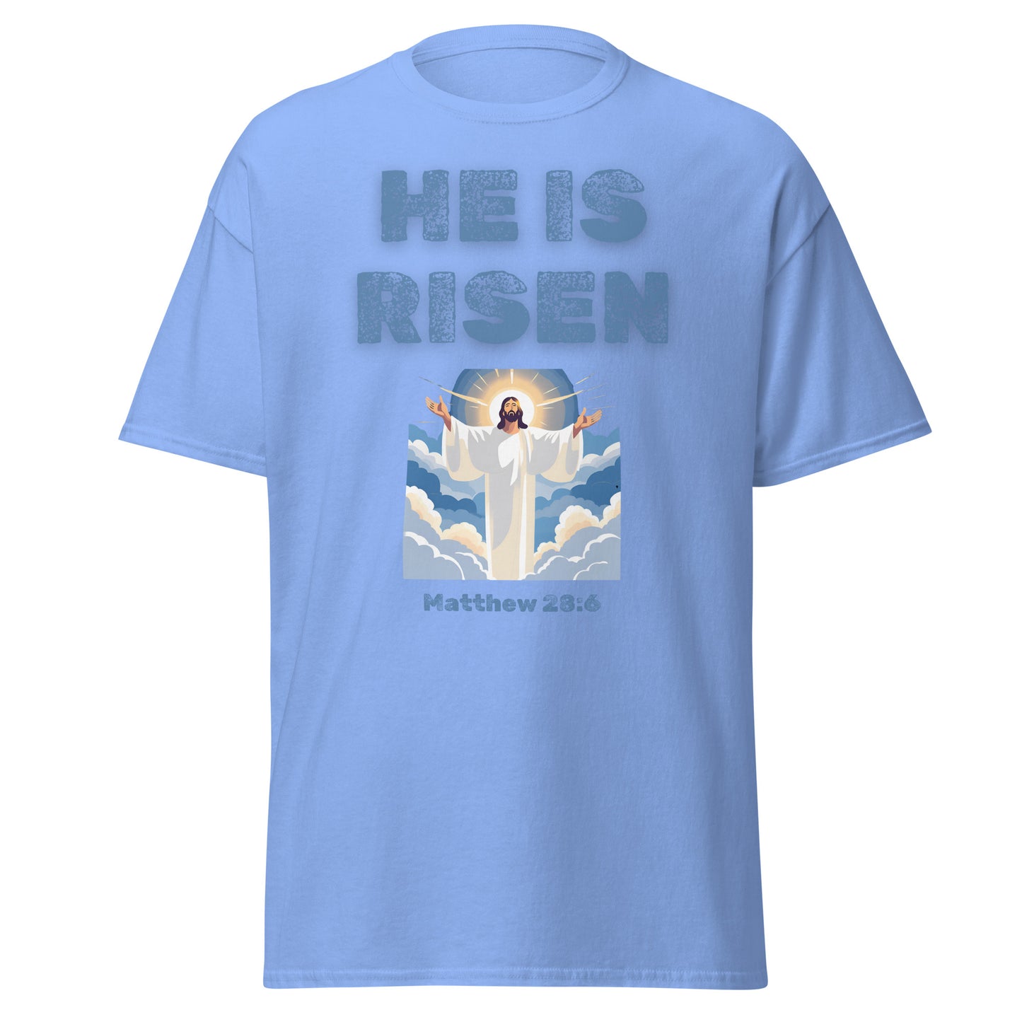 Light blue He Is Risen T-Shirt by Tees of Worship featuring Jesus with open arms and Matthew 28:6 verse