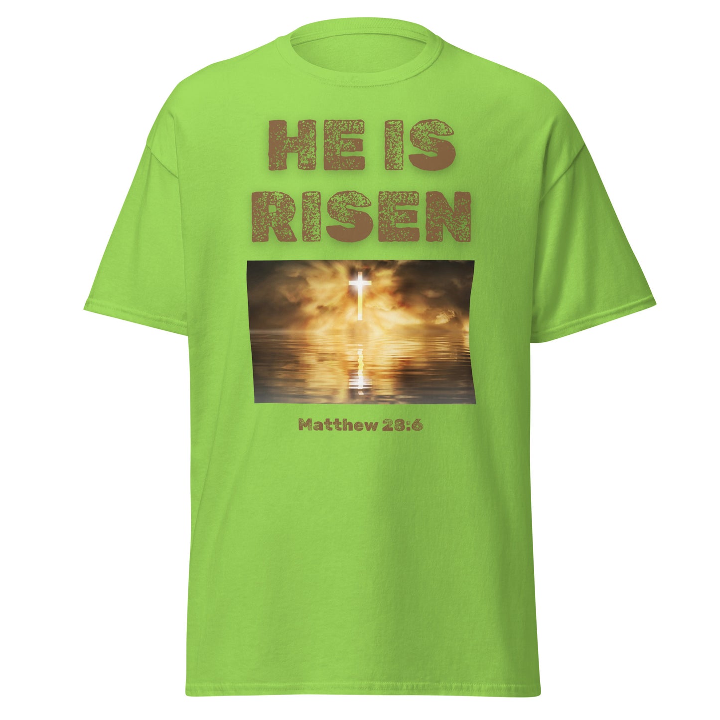 Tees of Worship green T-shirt with He Is Risen text and glowing cross reflection design