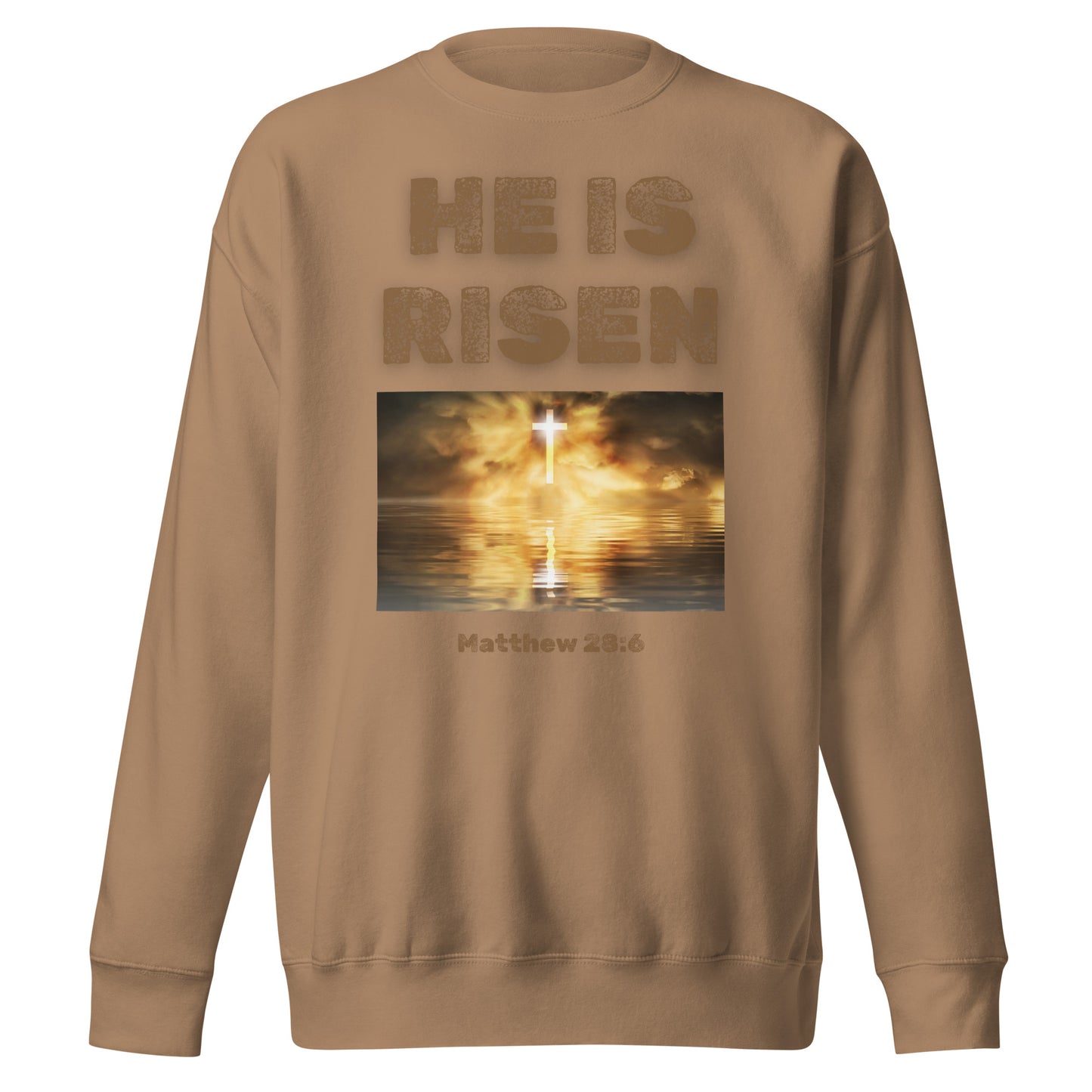 Tees of Worship brown sweatshirt with He Is Risen text and glowing cross over water design