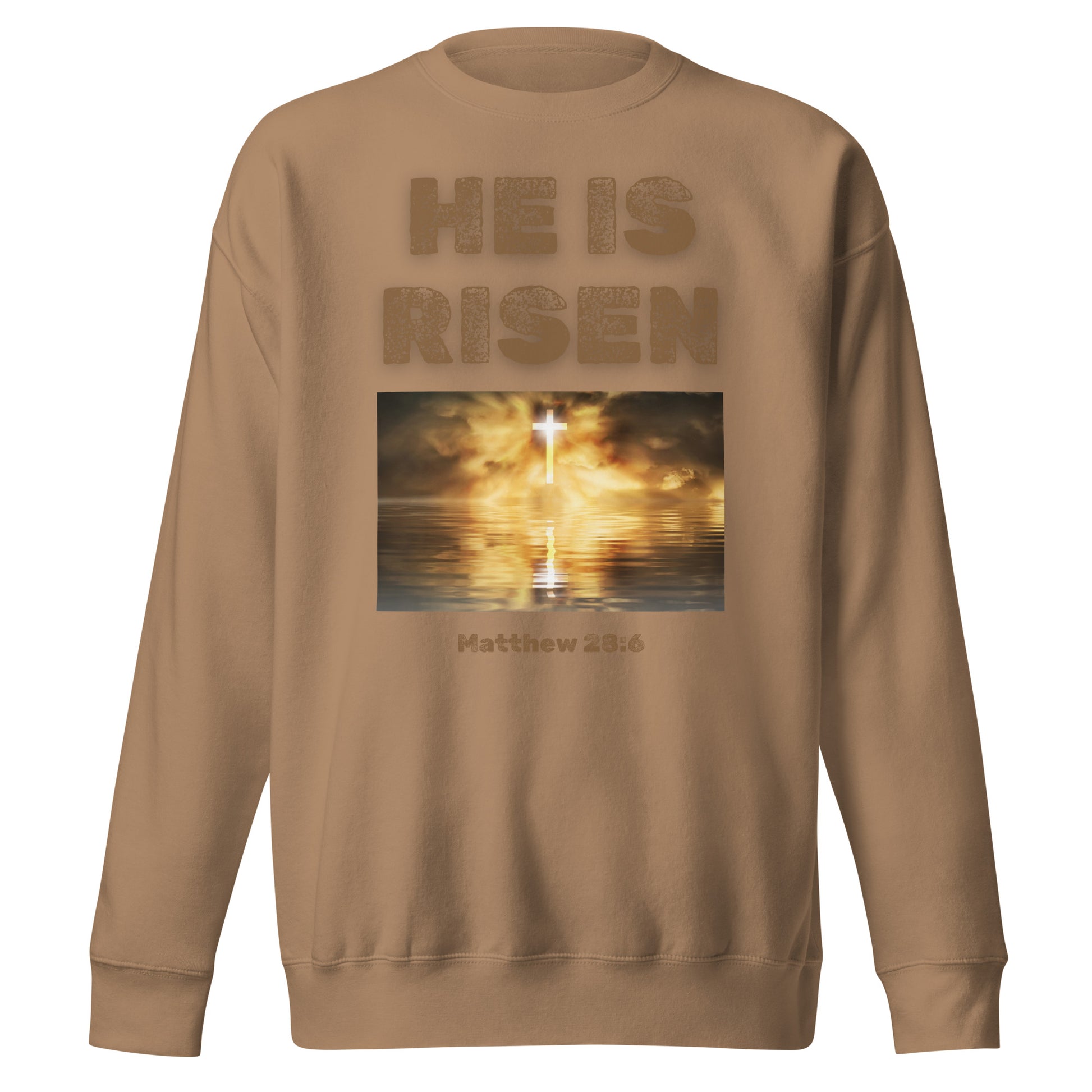 Tees of Worship brown sweatshirt with He Is Risen text and glowing cross over water design