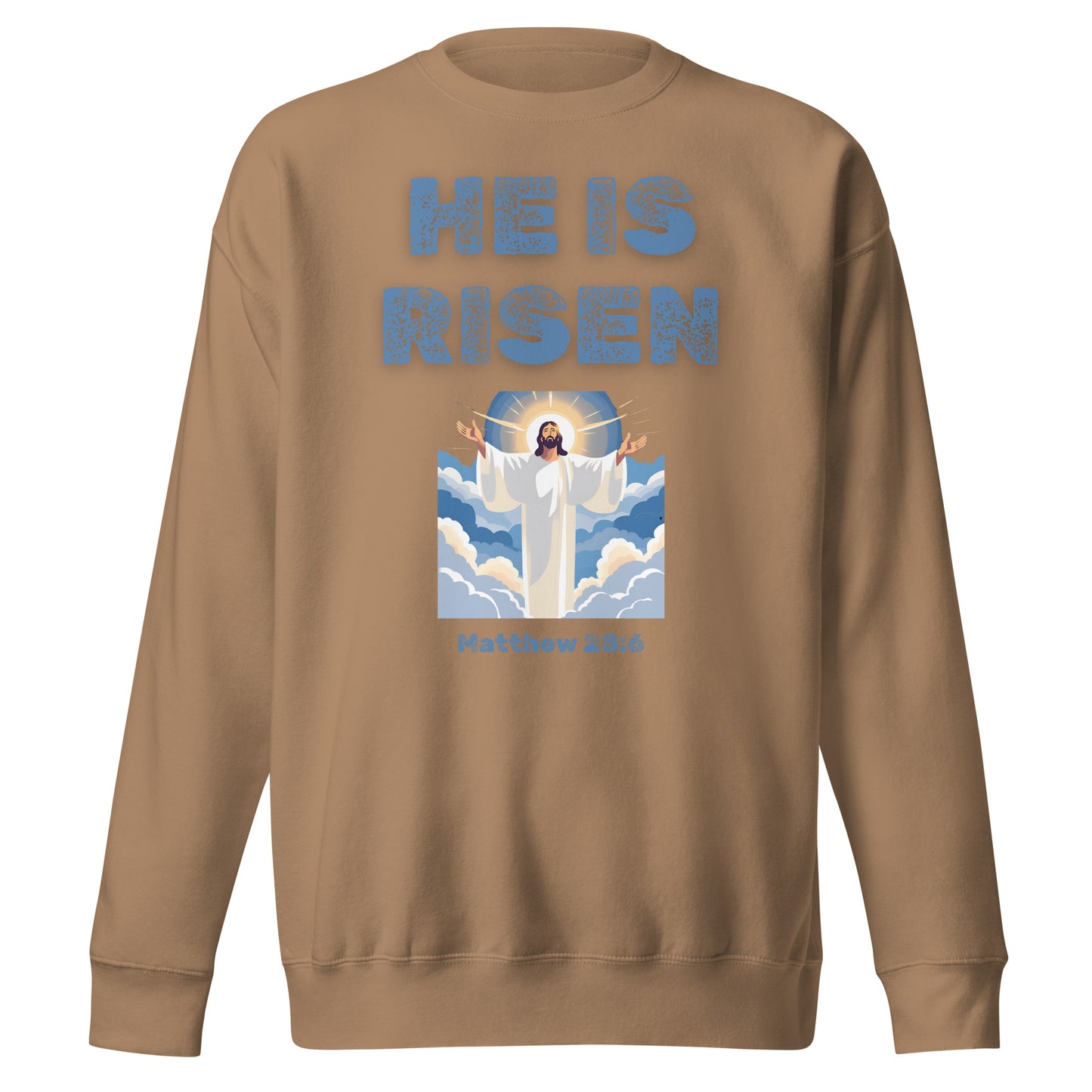 Brown sweatshirt from Tees of Worship with He Is Risen design and Jesus illustration