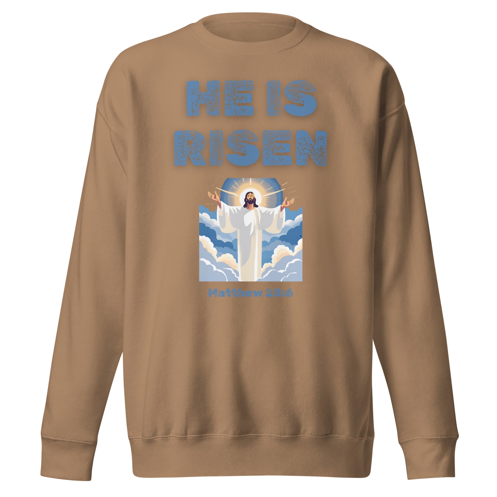 Brown sweatshirt from Tees of Worship with He Is Risen design and Jesus illustration