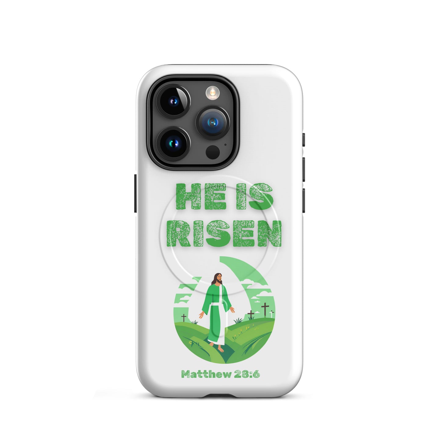 Tees of Worship phone case with He Is Risen text and illustration of Jesus on green hill Matthew 28 6