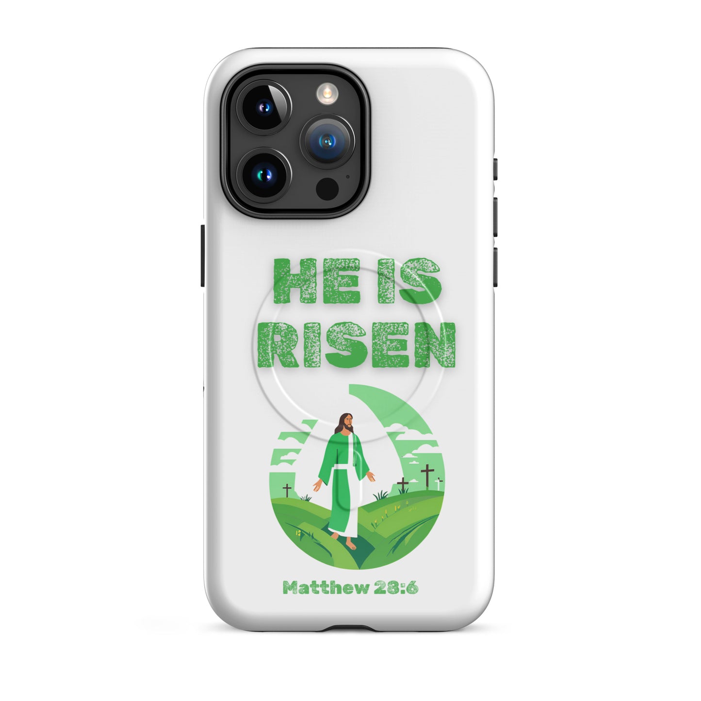 He Is Risen phone case by Tees of Worship with green biblical design and Matthew 28:6 text