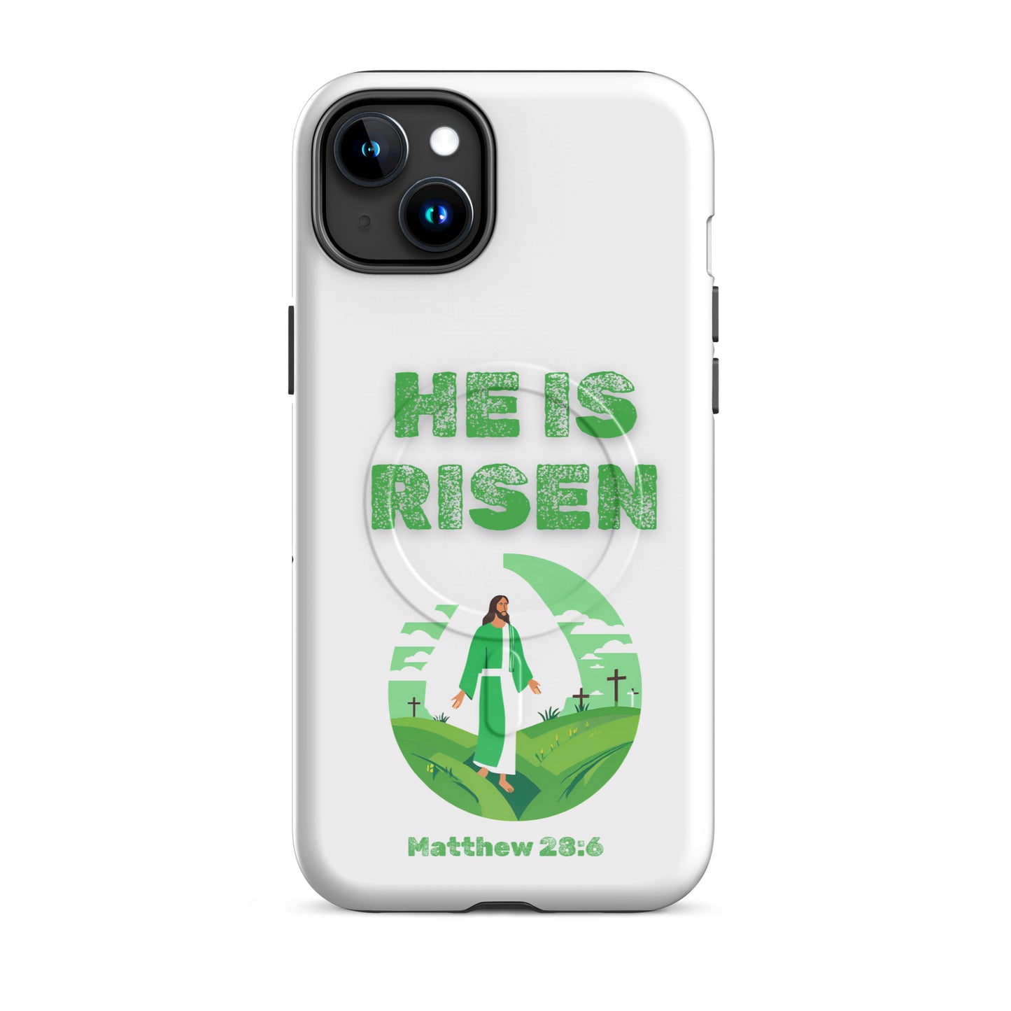 Tees of Worship phone case with He Is Risen design and Matthew 28:6 scripture in green