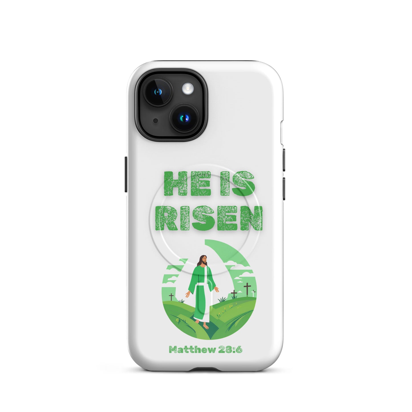 Tees of Worship phone case with He Is Risen text and illustration of Jesus on green hills
