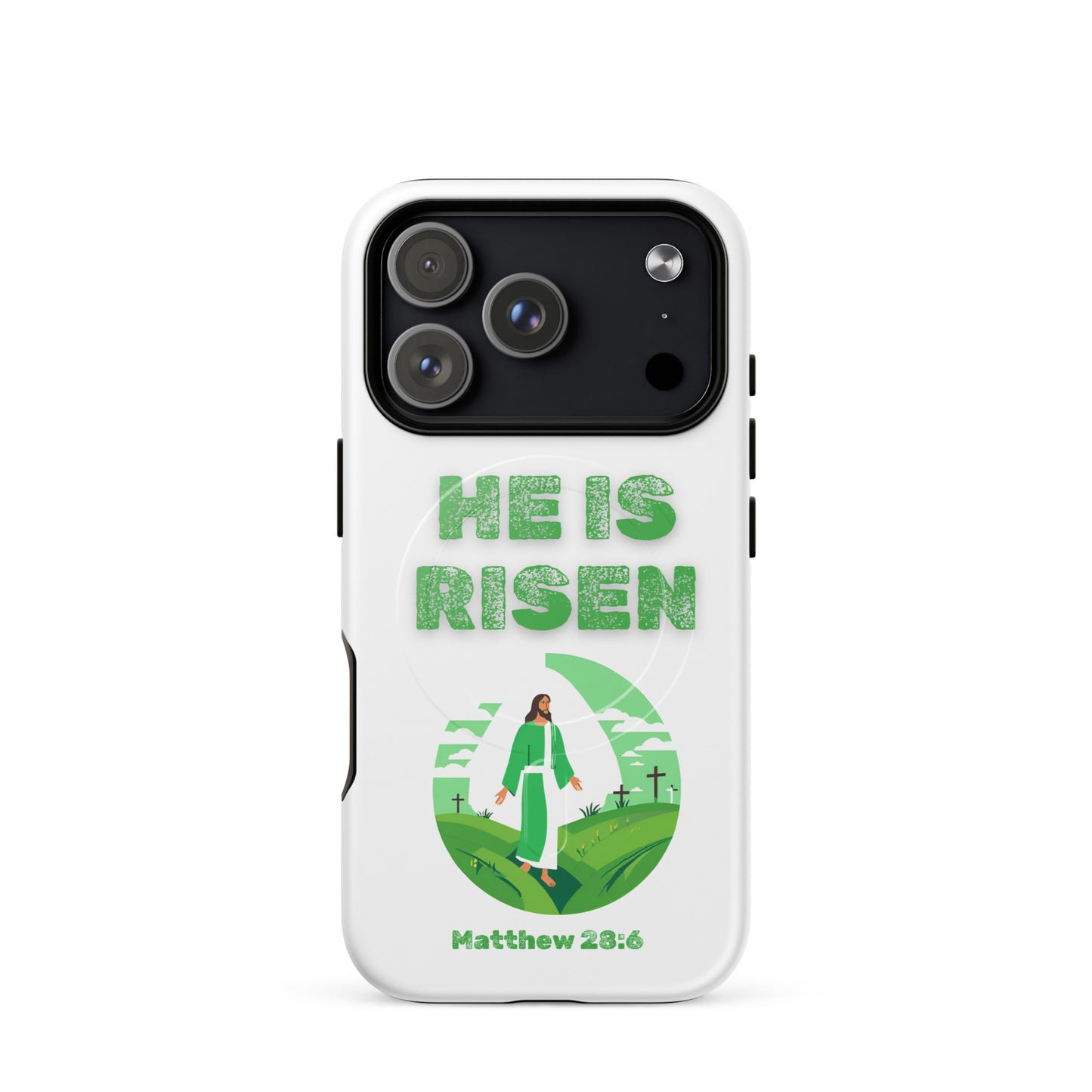 Tees of Worship phone case with He Is Risen text and Matthew 28:6 scripture design
