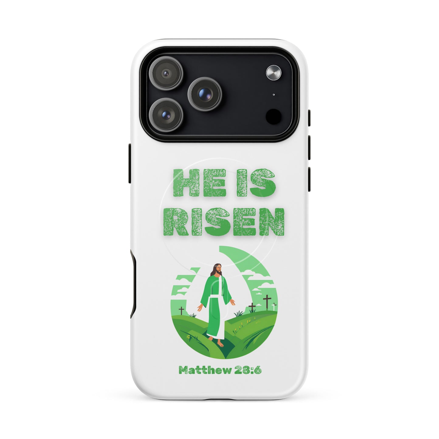 He Is Risen phone case by Tees of Worship with green text and Easter resurrection design