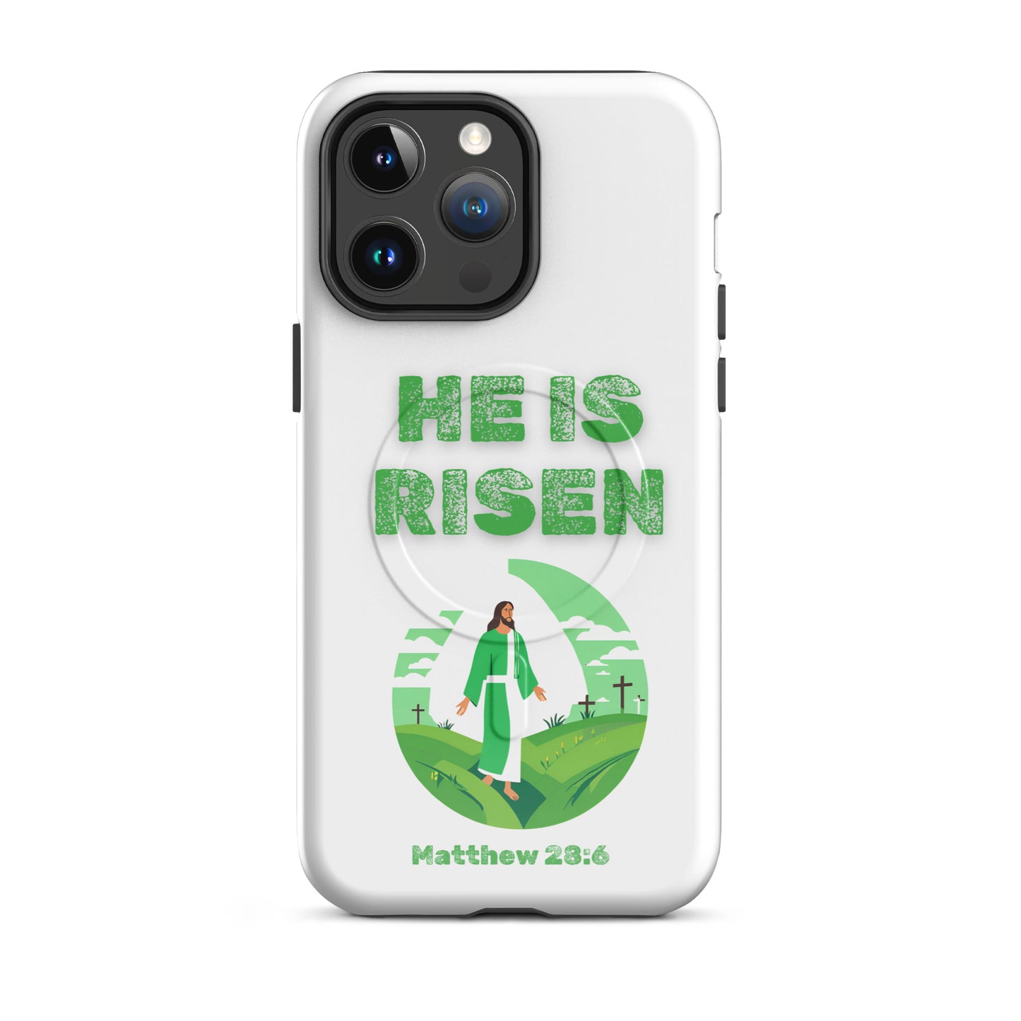 White phone case by Tees of Worship with He Is Risen text and Jesus illustration from Matthew 28 6