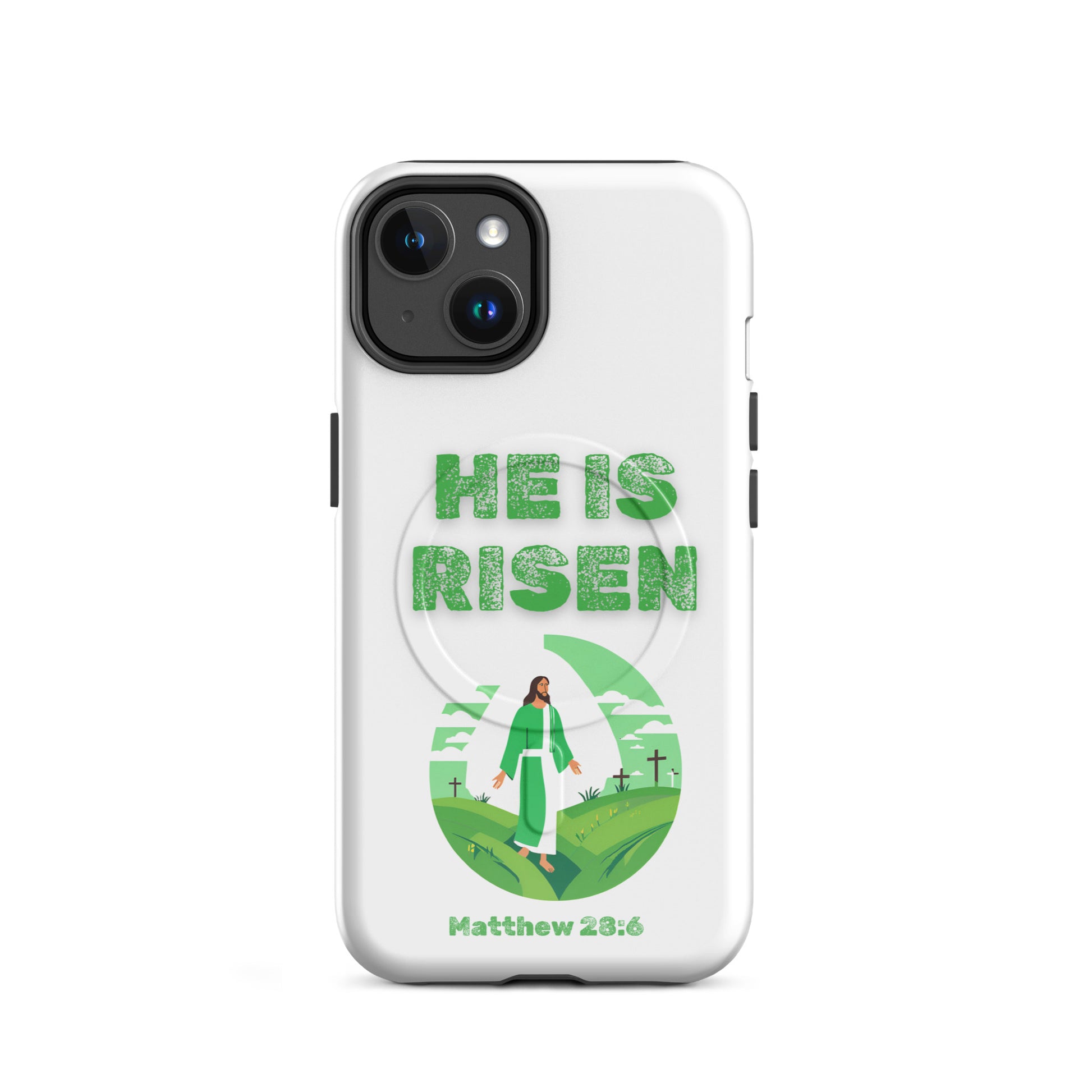 Tees of Worship phone case with He Is Risen design featuring Jesus and Matthew 28:6 verse in green