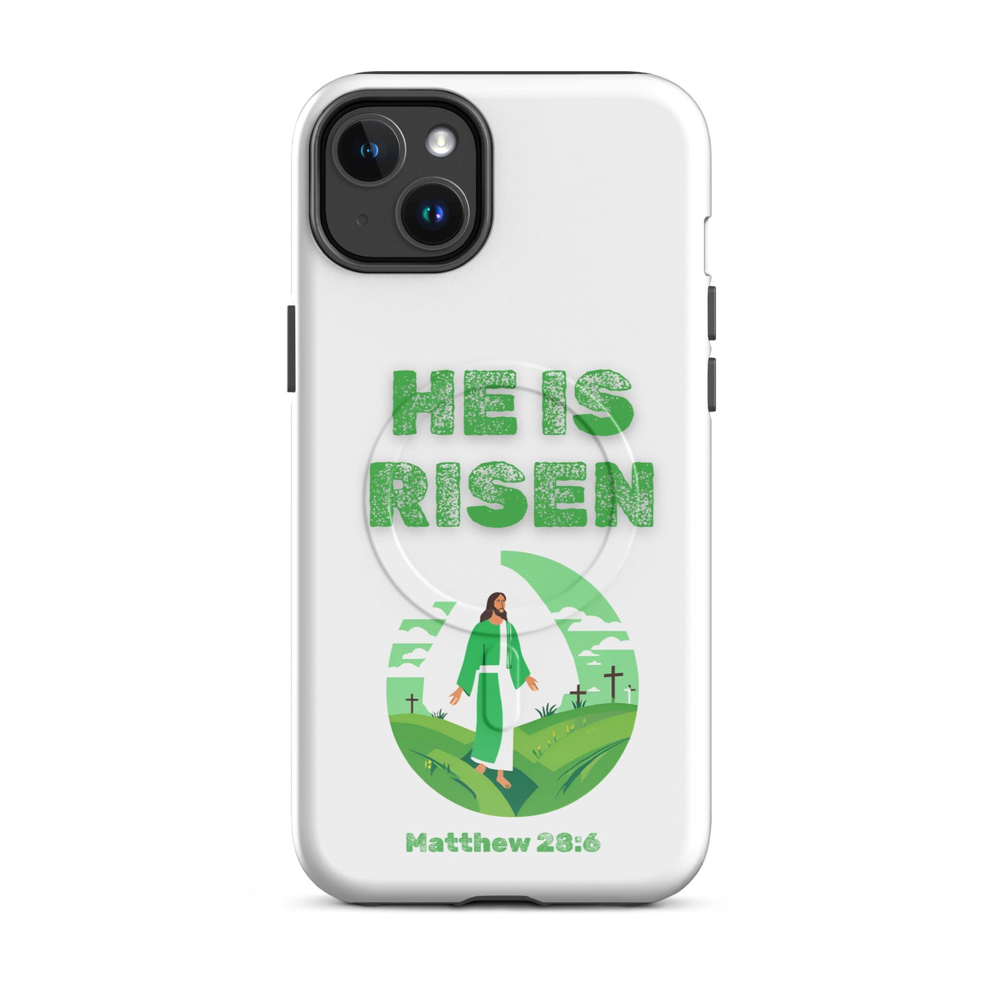 He Is Risen phone case by Tees of Worship featuring green text and illustration of Jesus on white background