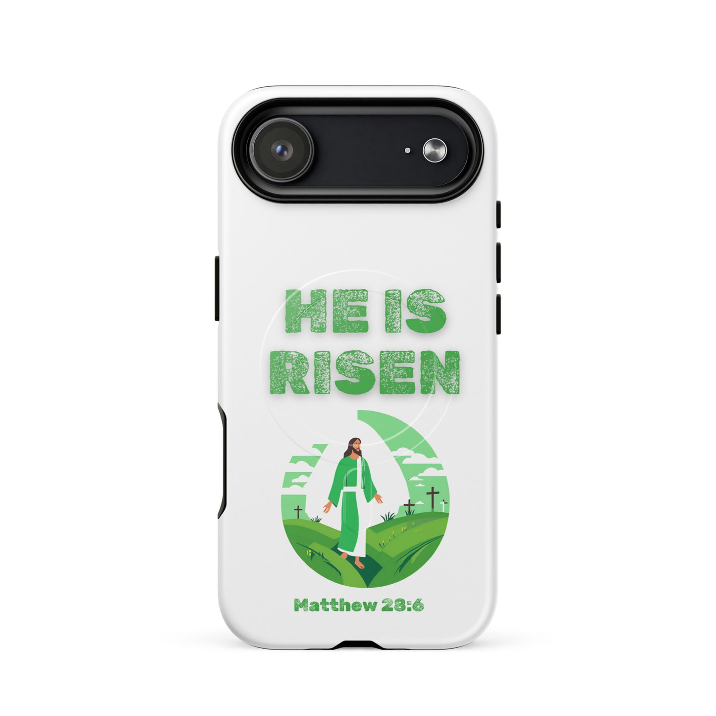 Tees of Worship phone case with He Is Risen text and Jesus illustration from Matthew 28 6