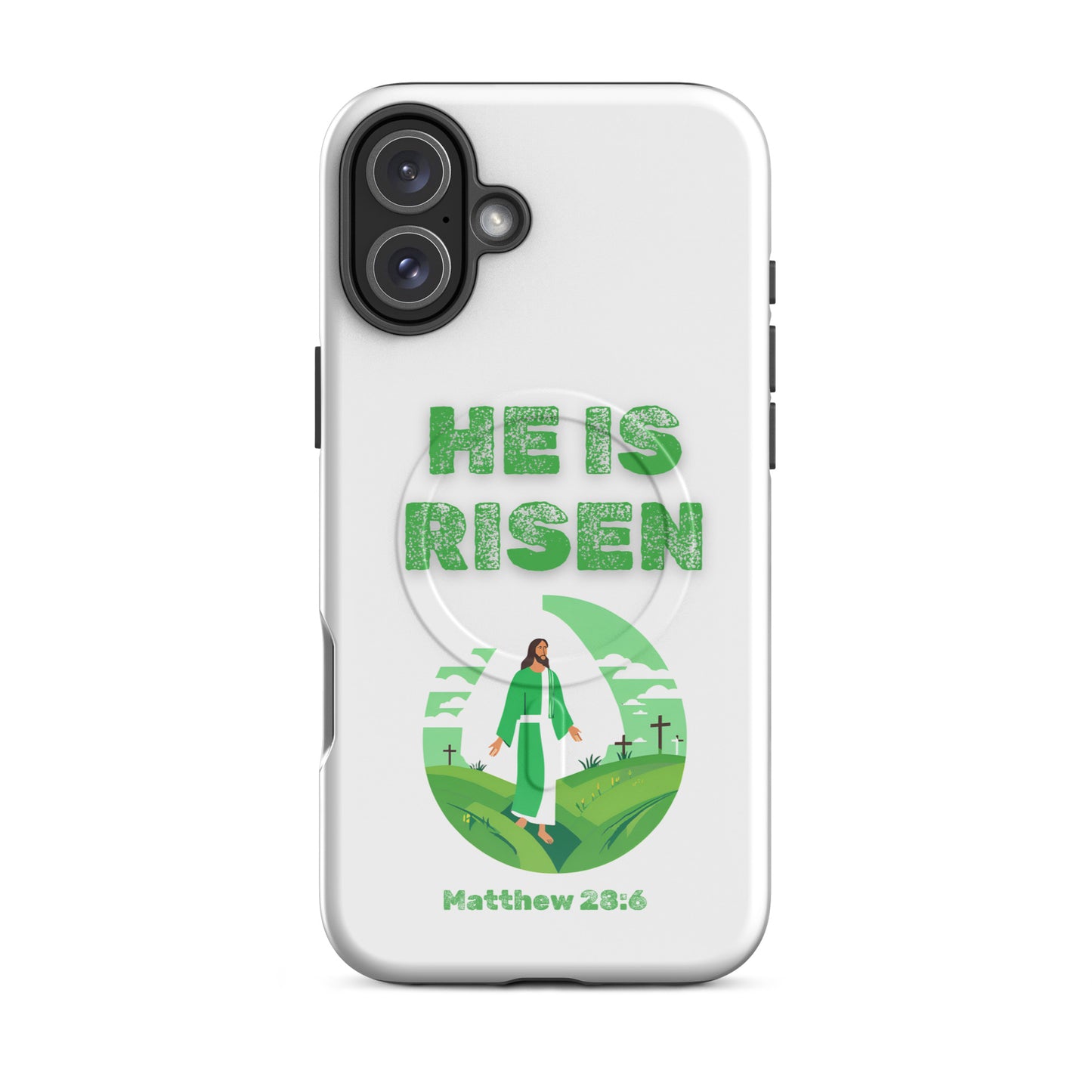 Tees of Worship phone case with He Is Risen design featuring Jesus and Matthew 28:6 scripture