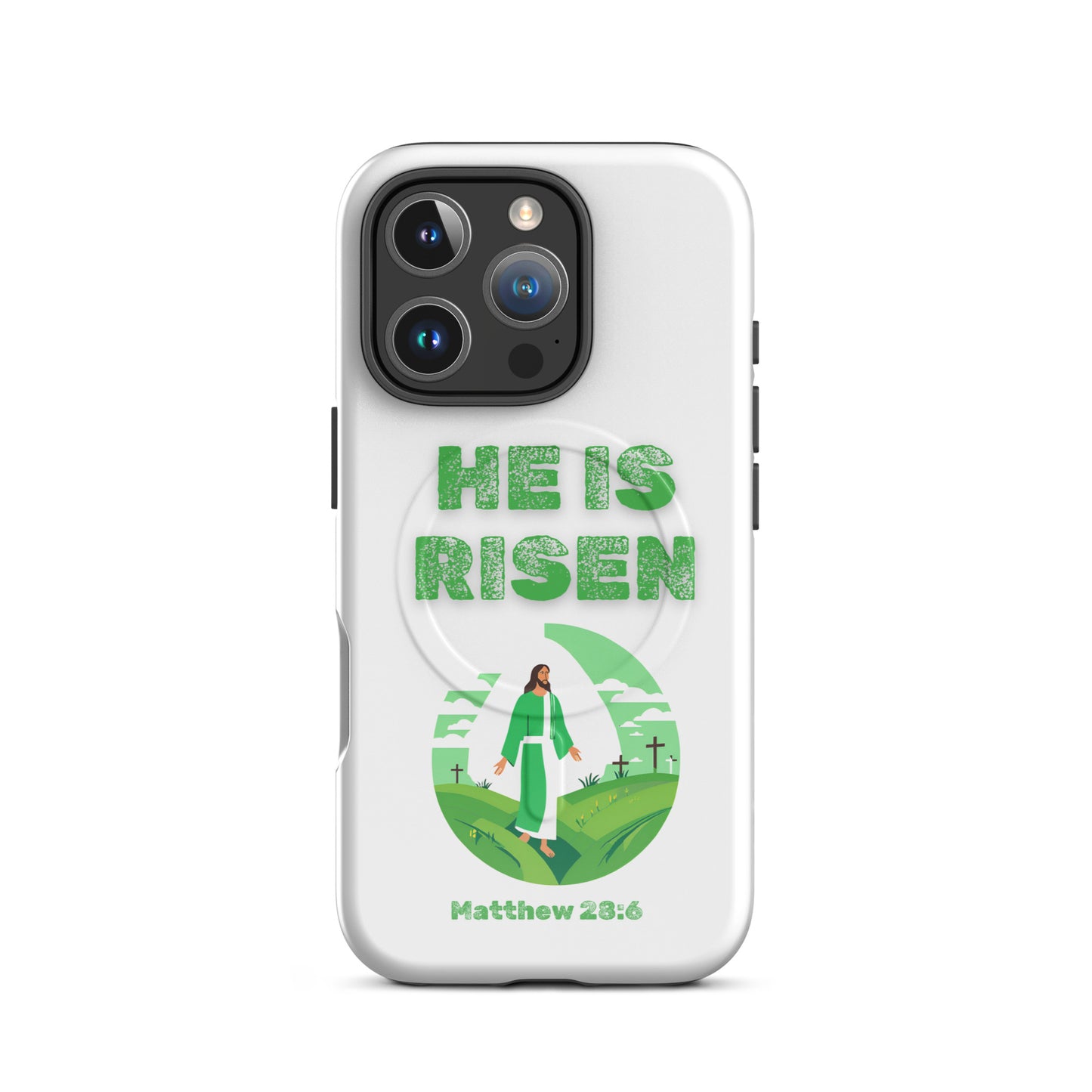 Tees of Worship phone case with He Is Risen design featuring a figure in green and Matthew 23:6 scripture