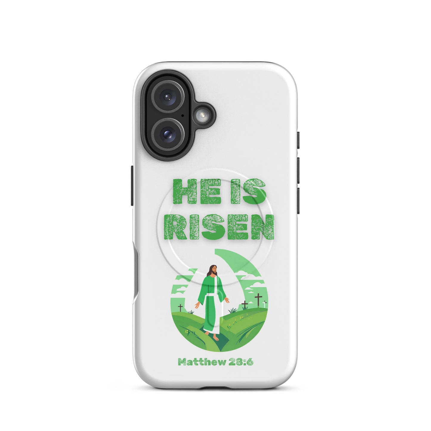 Tees of Worship phone case with green He Is Risen text and Jesus illustration Matthew 28 6 design