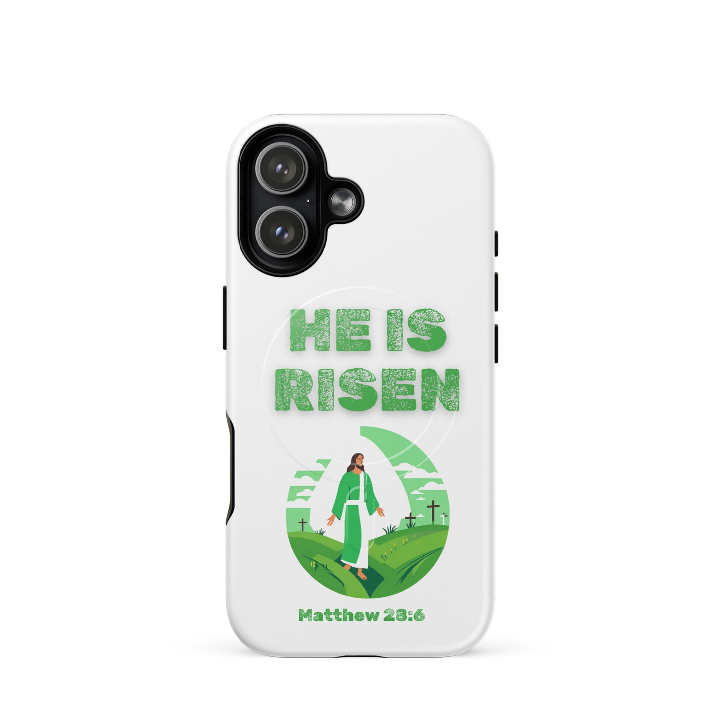Tees of Worship phone case with He Is Risen design featuring Jesus and Matthew 28:6 verse