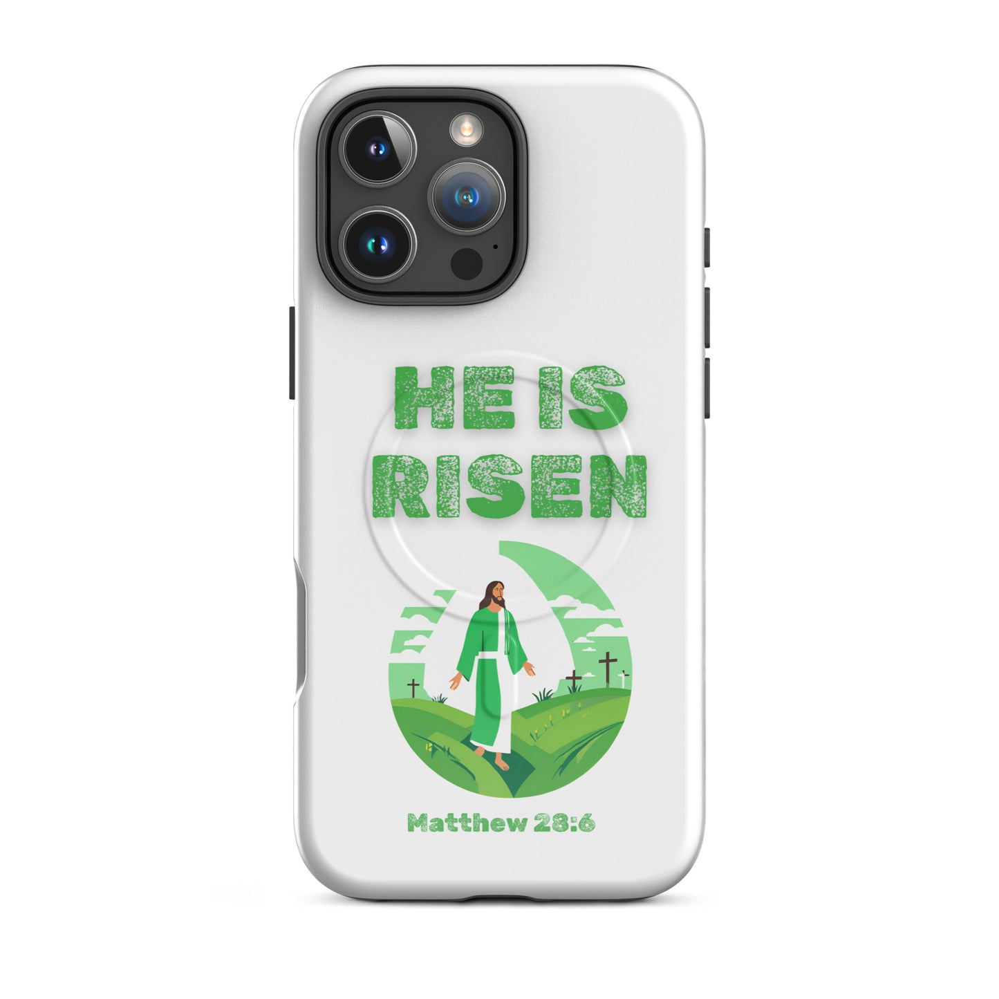 White phone case by Tees of Worship with He Is Risen text and illustration of Jesus and crosses