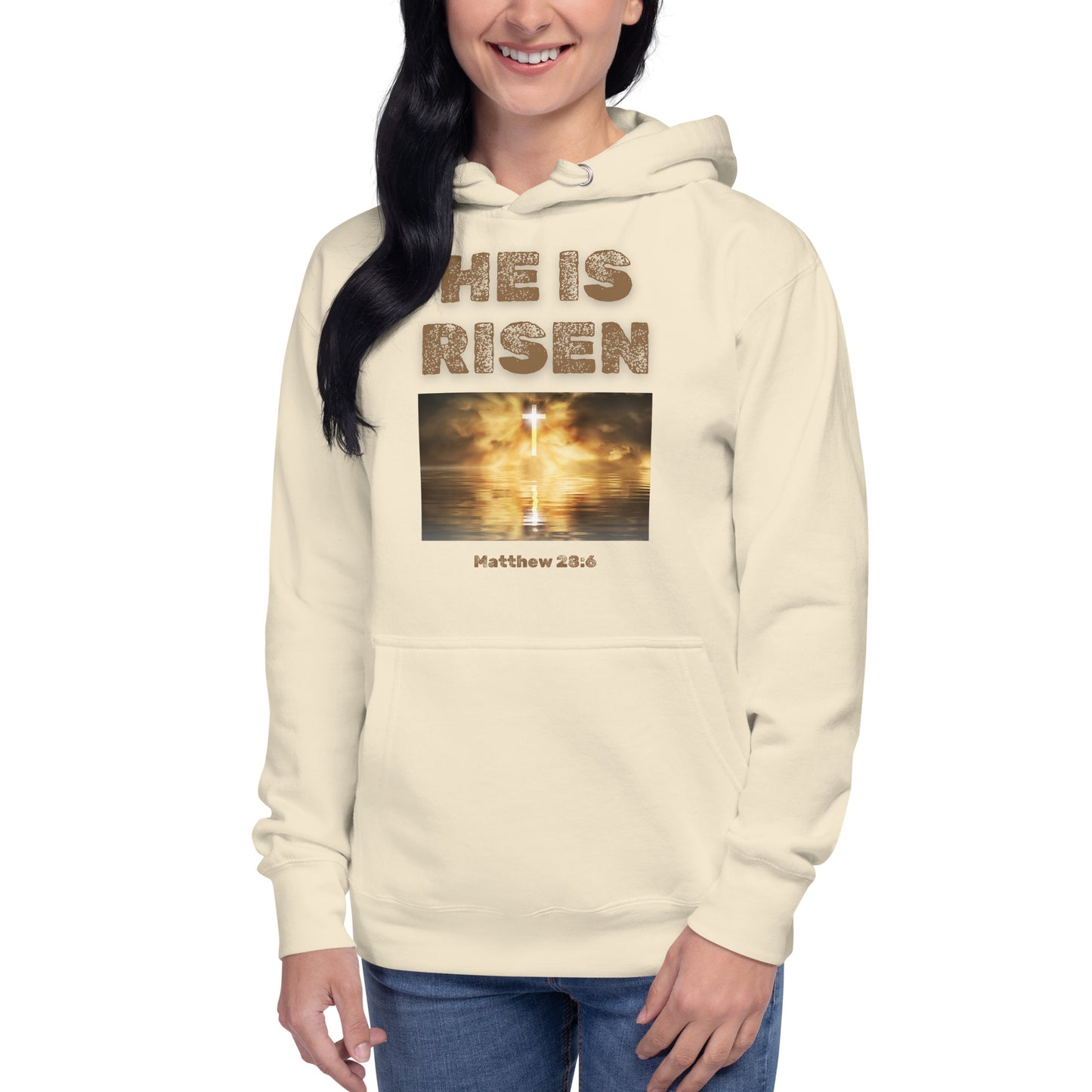 Cream hoodie from Tees of Worship with He is Risen text and cross graphic inspired by Matthew 28:6