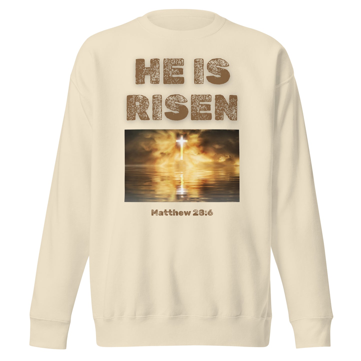 Cream sweatshirt by Tees of Worship featuring He Is Risen text and glowing cross design