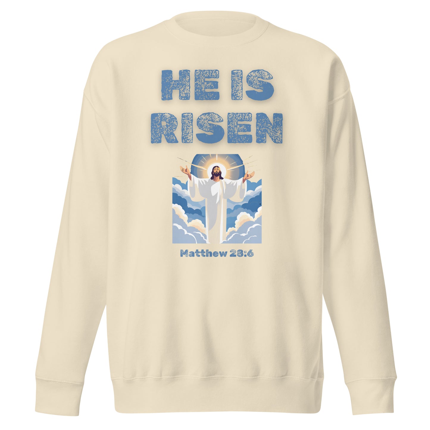 Cream sweatshirt from Tees of Worship with He Is Risen text and Jesus illustration in clouds