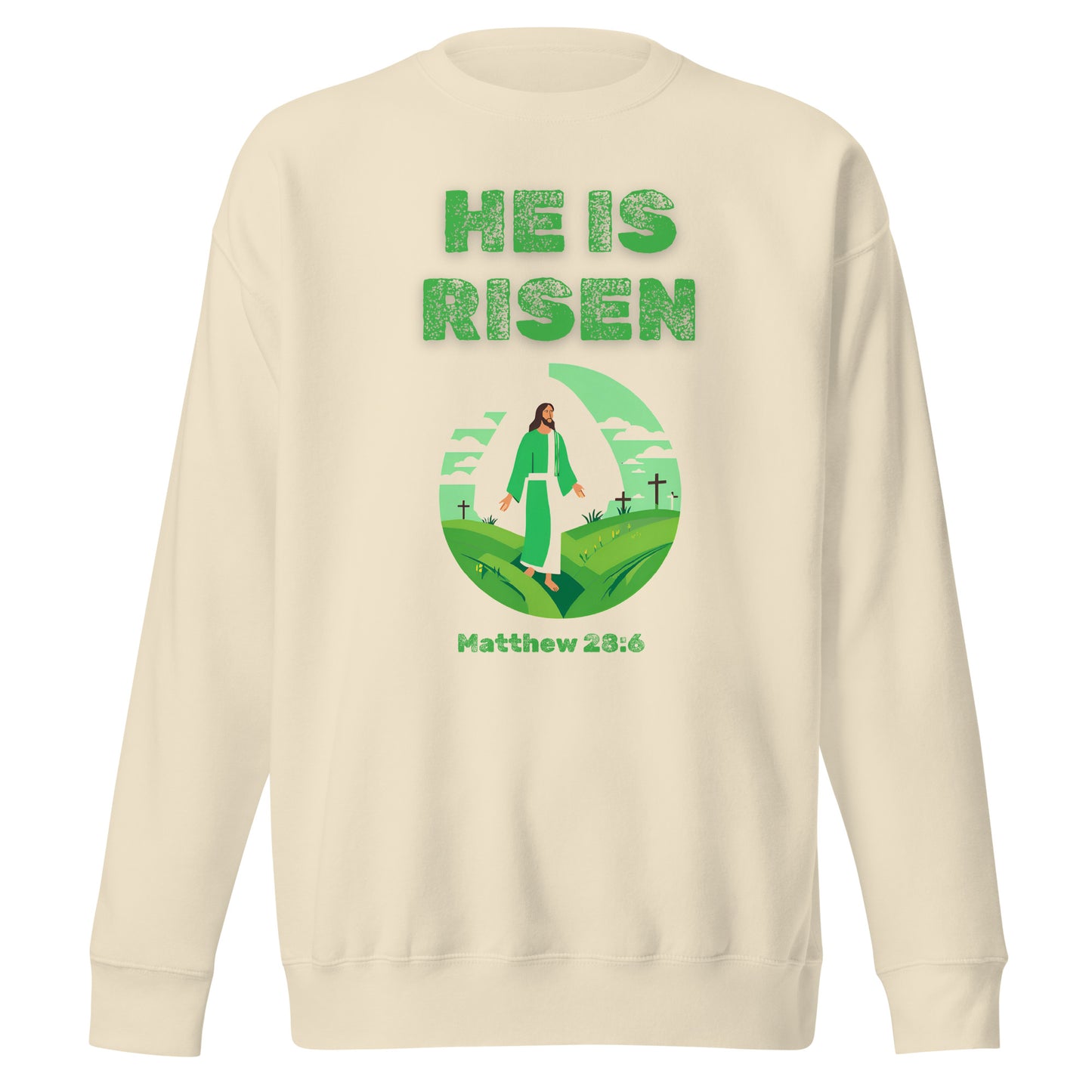 Cream sweatshirt from Tees of Worship with He Is Risen text and biblical design graphic