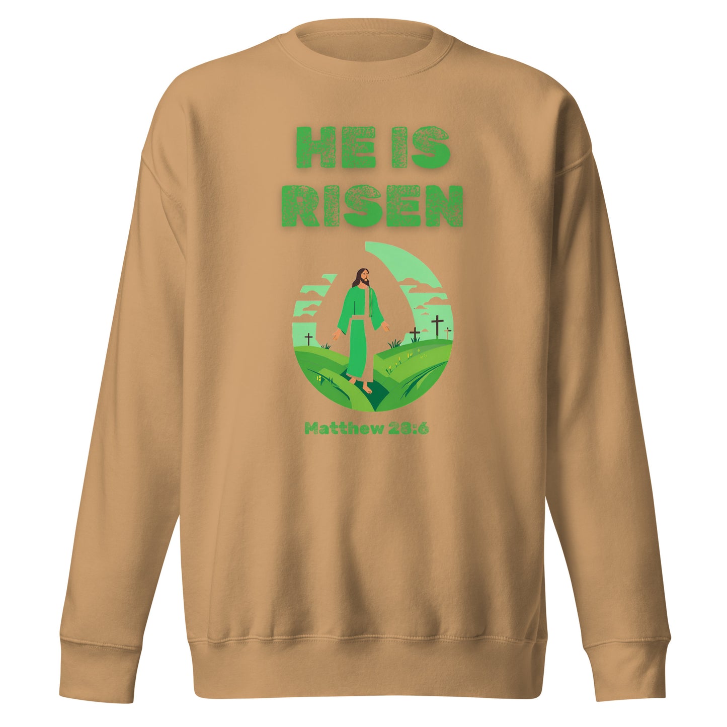 Beige sweatshirt from Tees of Worship with green He Is Risen text and biblical illustration
