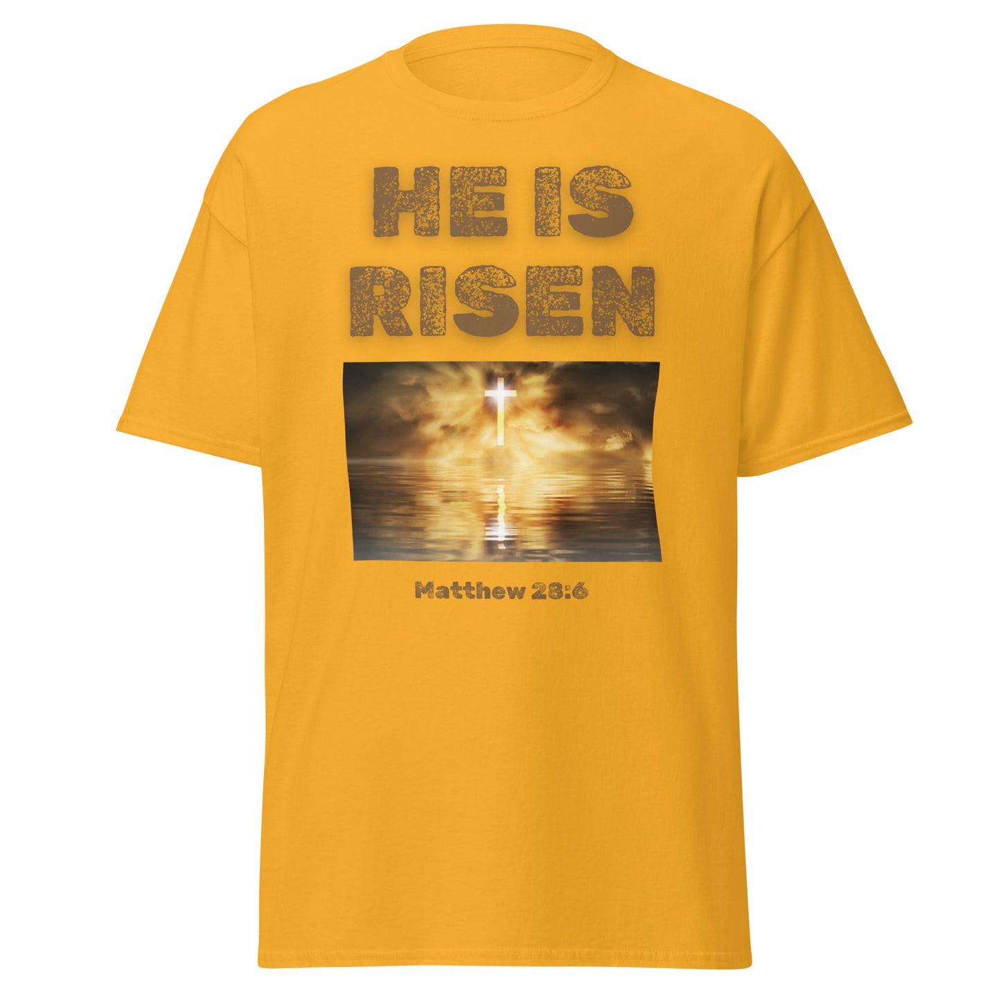 Yellow He Is Risen T-Shirt with Matthew 28:6 scripture and glowing cross image