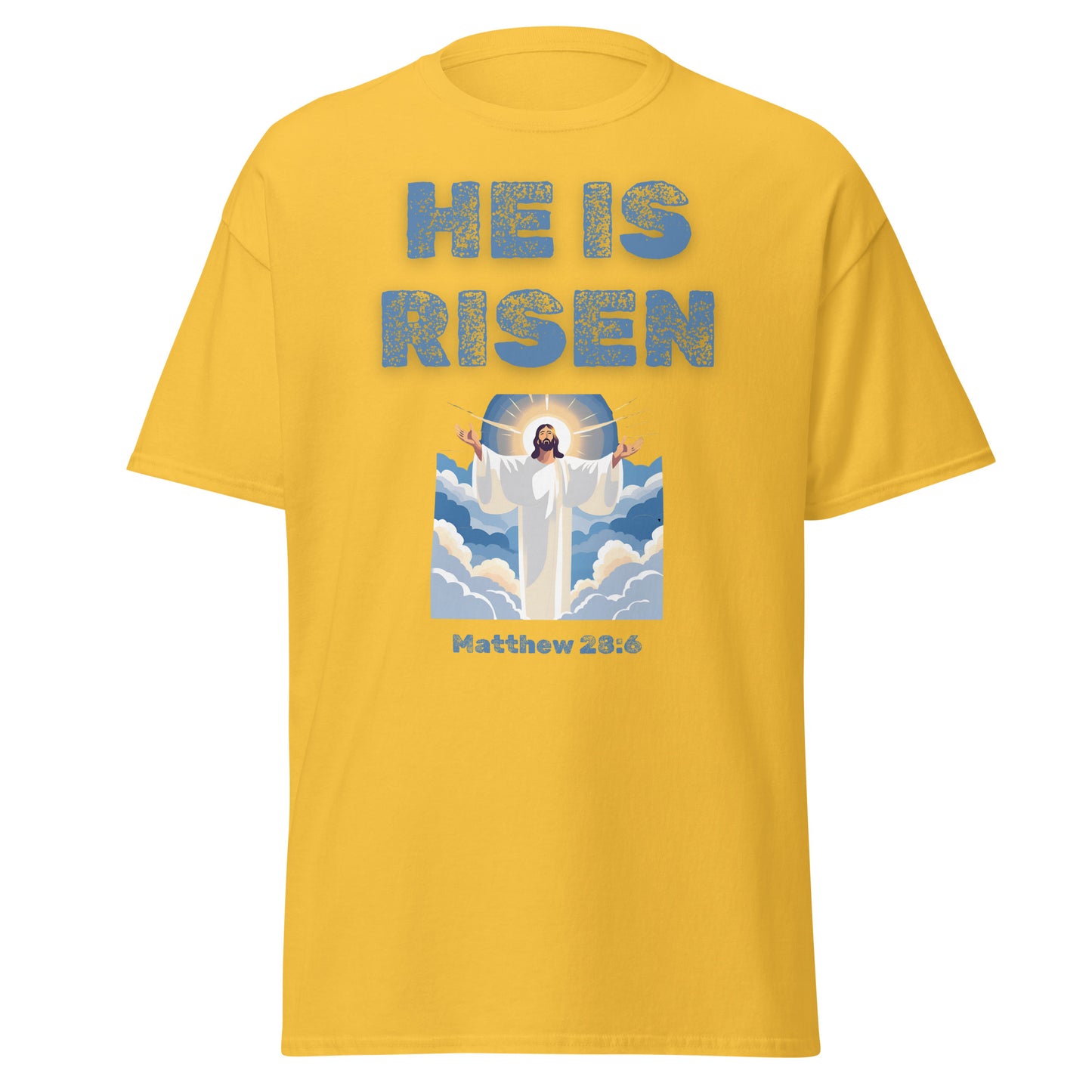 Yellow T-shirt from Tees of Worship with He Is Risen text and Jesus illustration