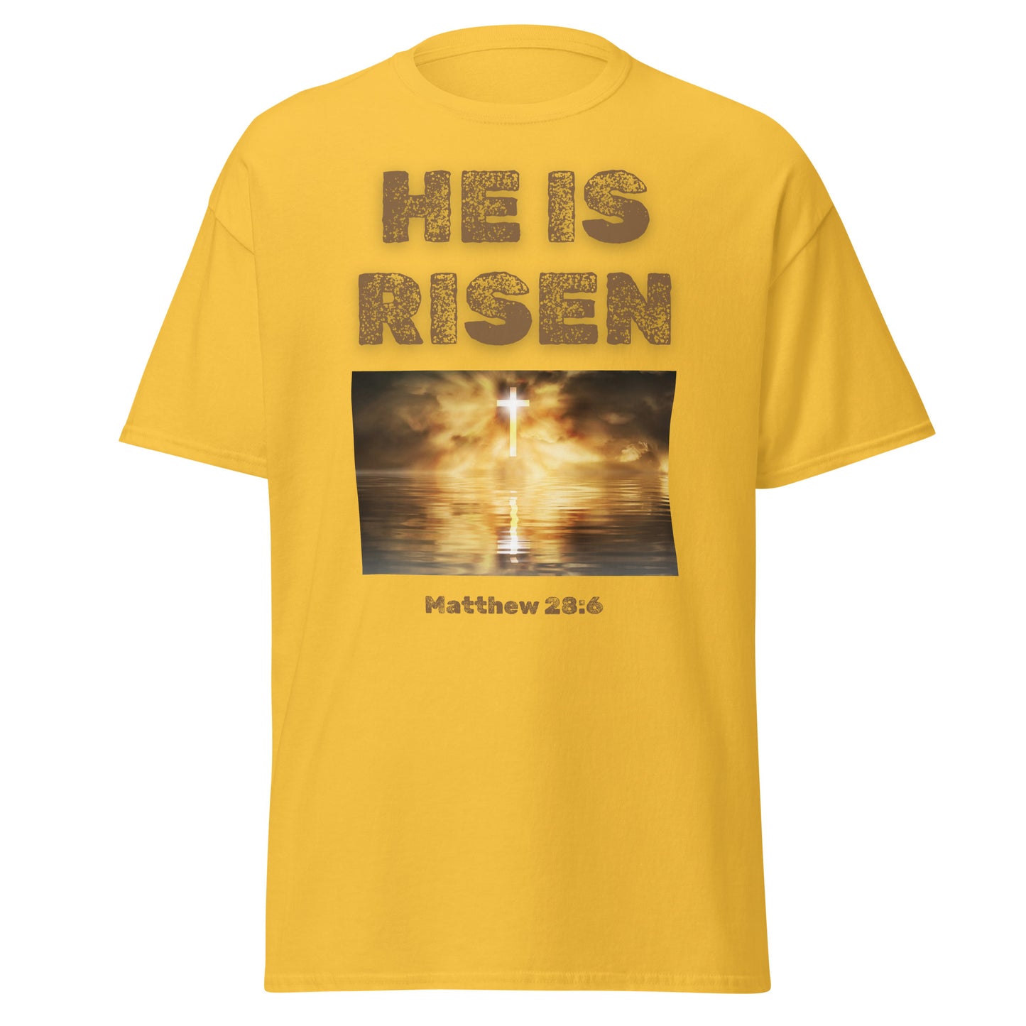 Yellow He Is Risen T-shirt by Tees of Worship with cross and Matthew 28:6 scripture design