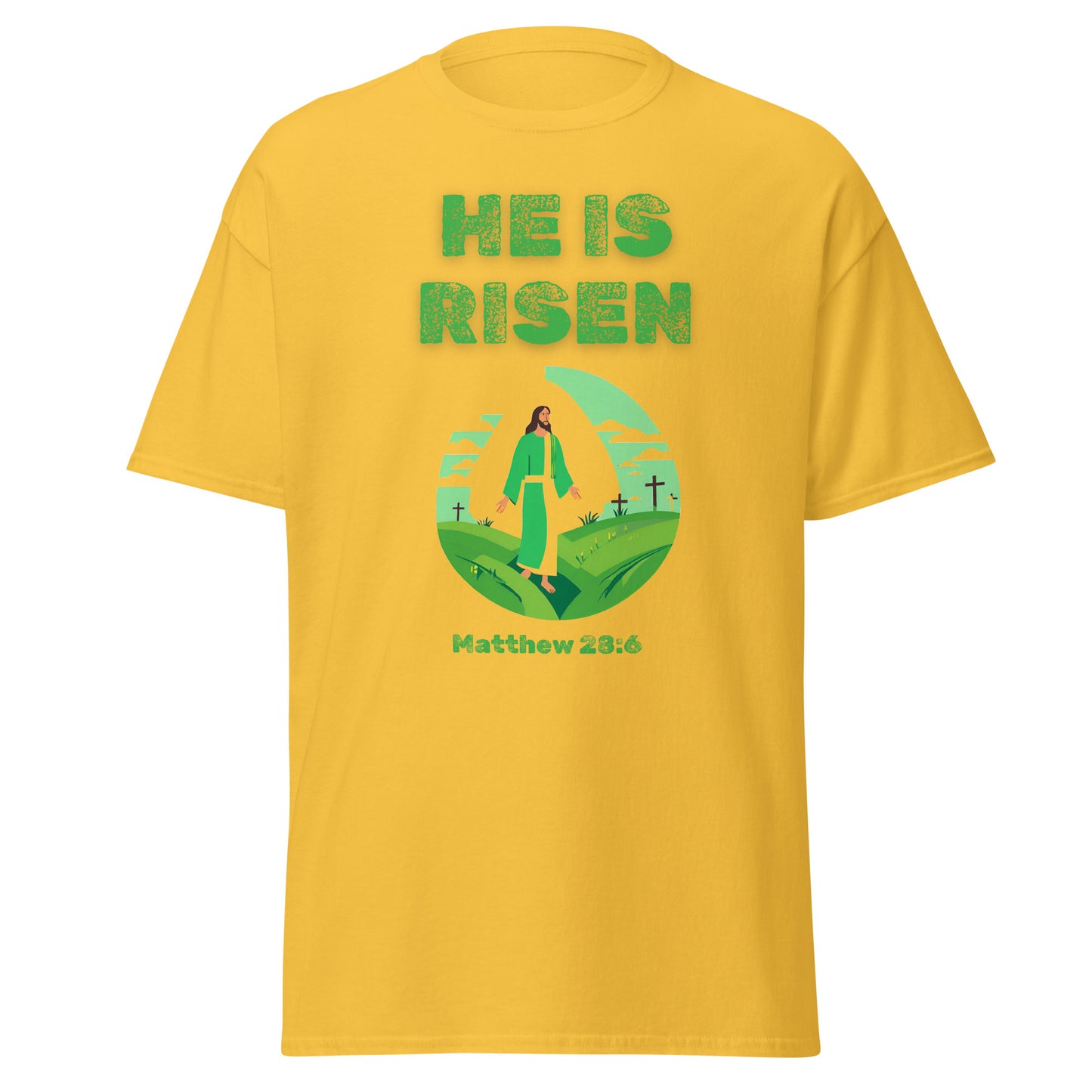 Yellow Tees of Worship T-shirt with He Is Risen text and Jesus graphic Matthew 28 6