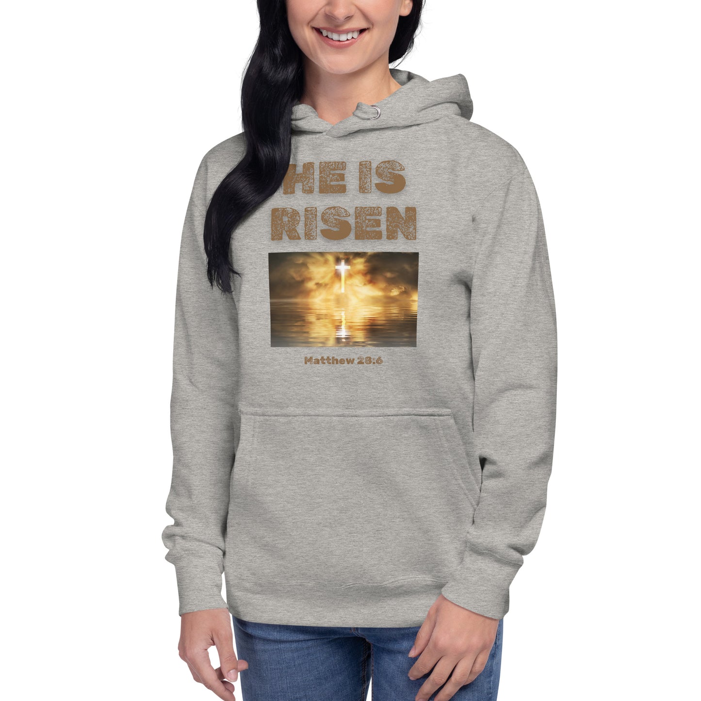 Tees of Worship gray hoodie with He is Risen text and cross design with Matthew 28:6 scripture