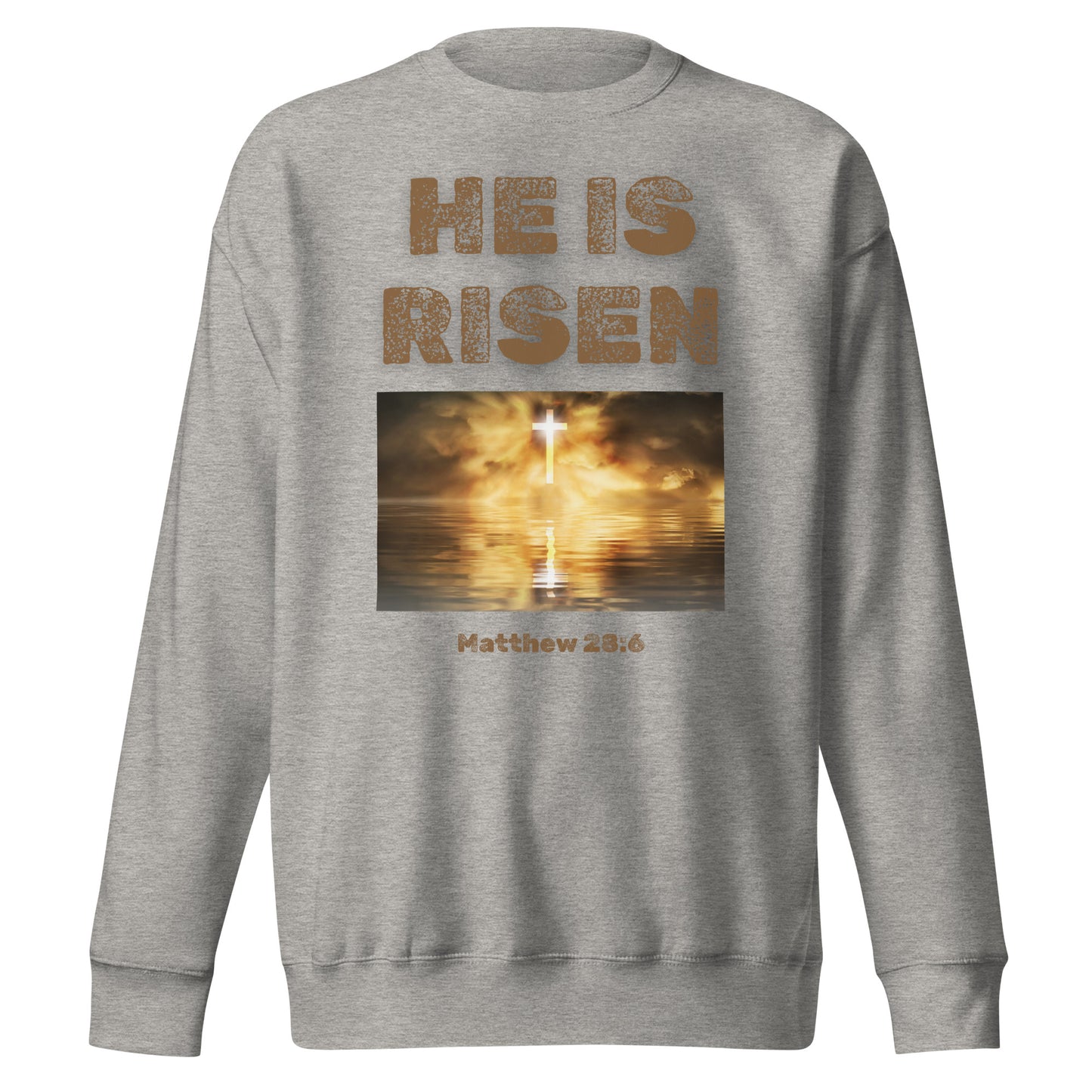 He Is Risen sweatshirt by Tees of Worship with cross and sunrise graphic on gray fabric
