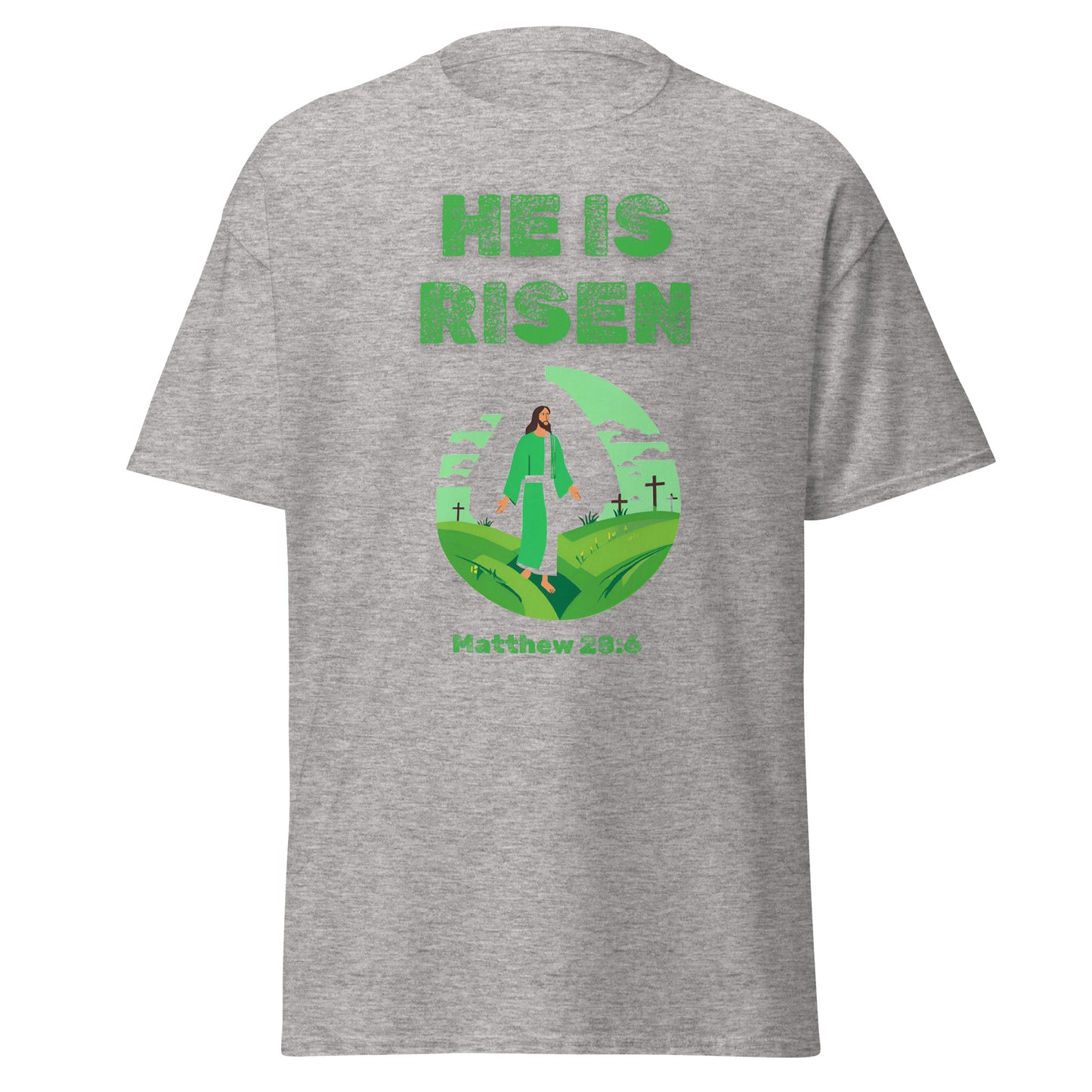 Gray Tees of Worship T-shirt with He Is Risen text and Jesus graphic with crosses and Matthew 28:6 verse