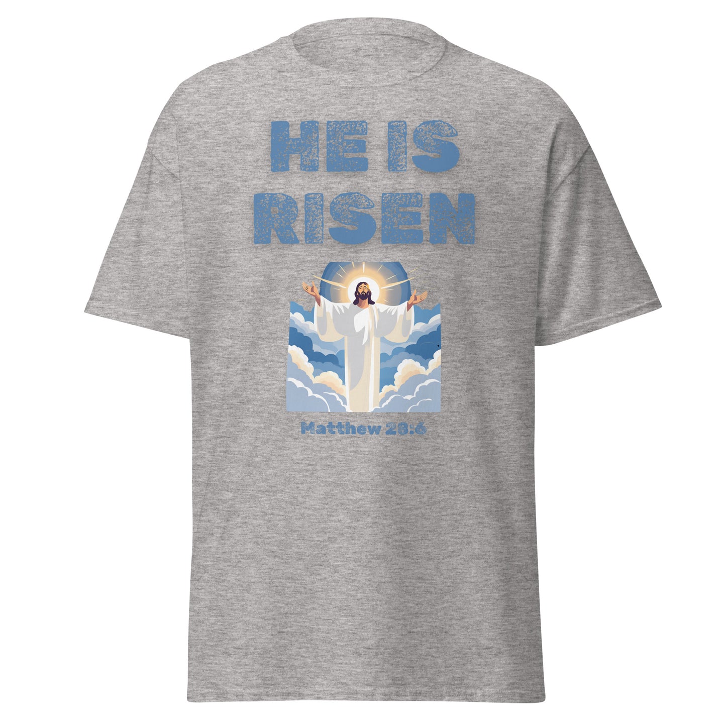 He Is Risen T-Shirt by Tees of Worship with Jesus illustration and Bible verse Matthew 28:6