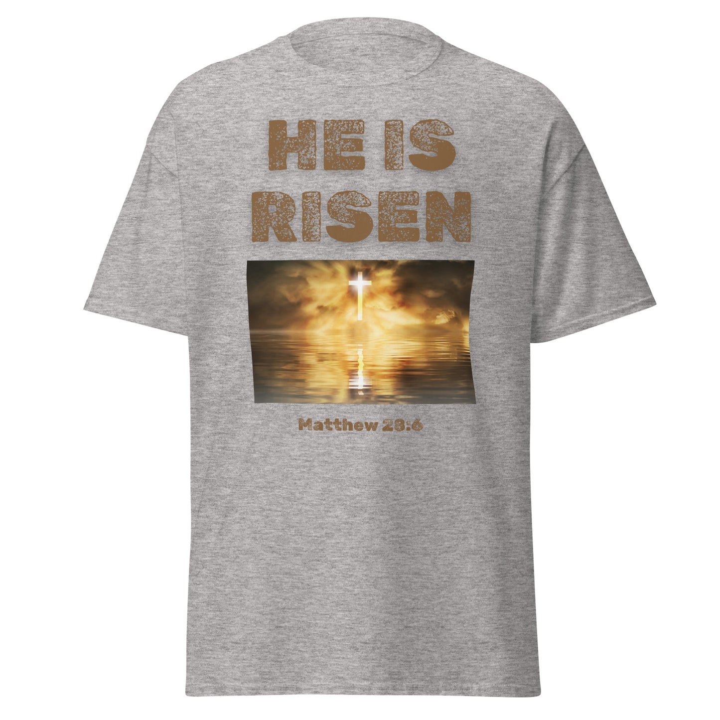 Tees of Worship gray T-shirt with He Is Risen text and glowing cross over water graphic