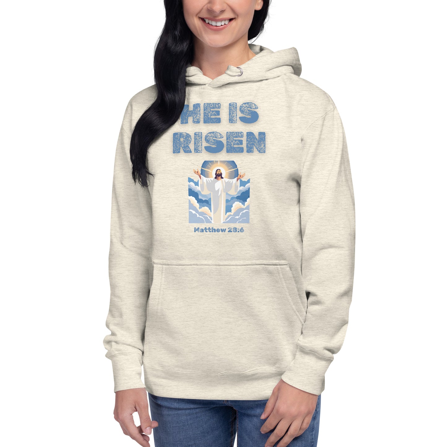 Tees of Worship hoodie with He is risen text and Jesus rising graphic in blue and white