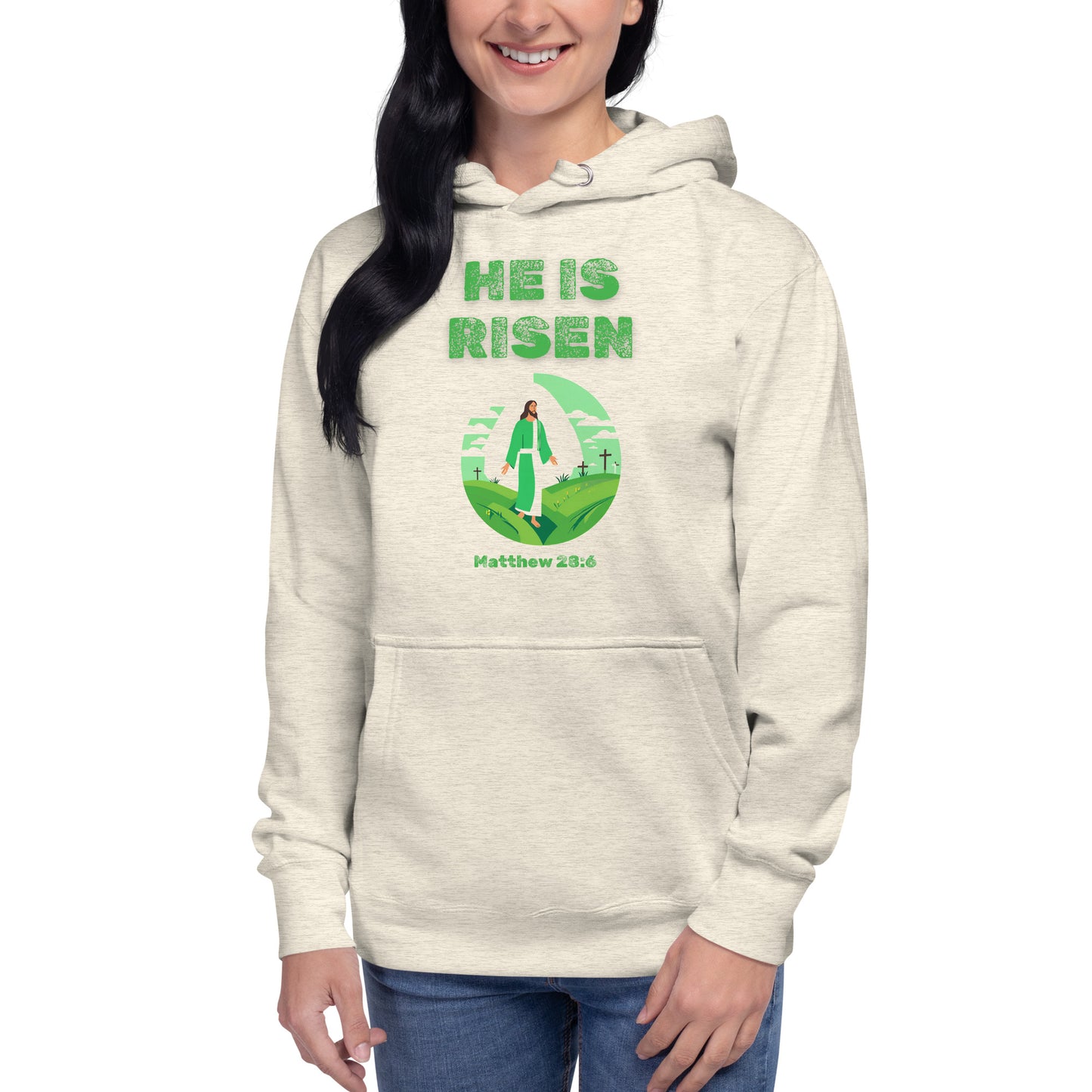 He Is Risen hoodie by Tees of Worship with green scripture design and Easter theme
