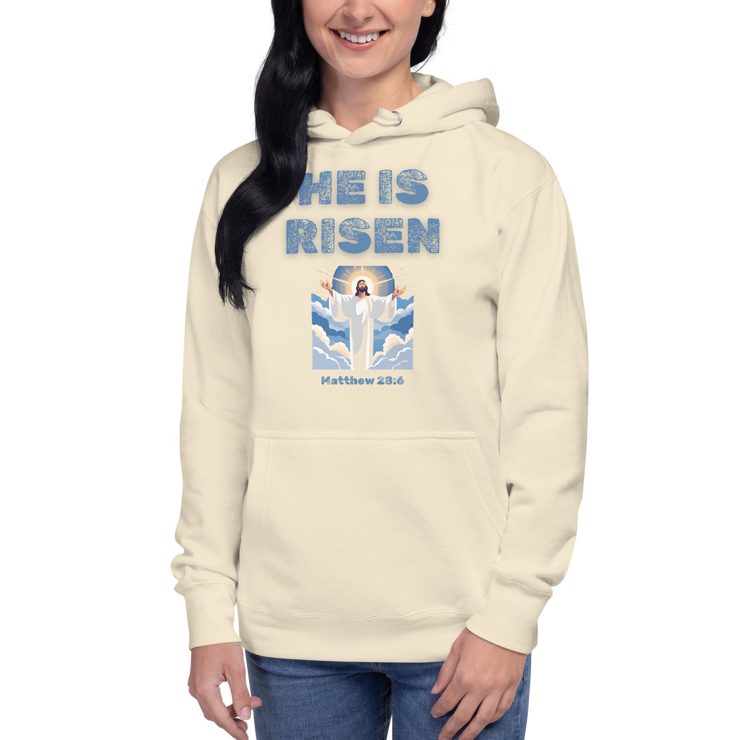 Tees of Worship beige hoodie with He is risen text and Jesus illustration from Matthew 28 6