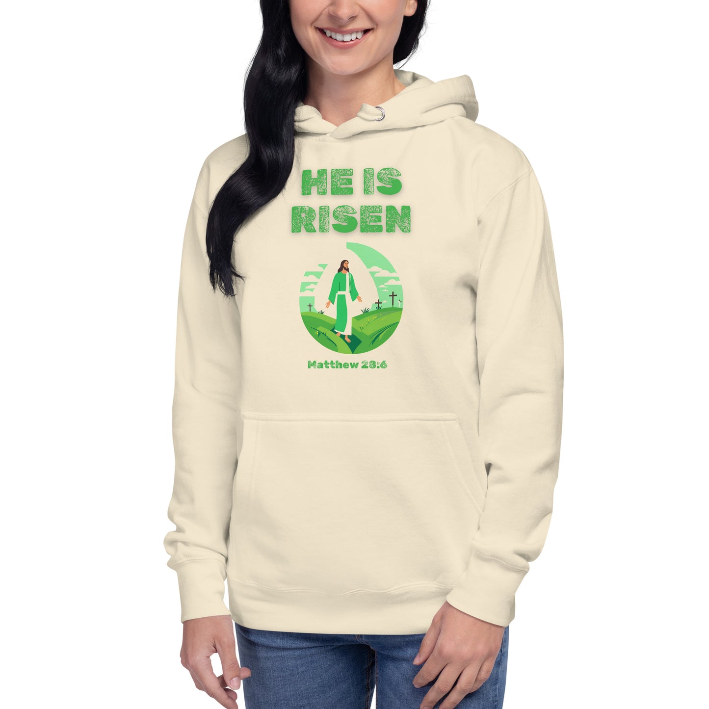 Cream hoodie by Tees of Worship featuring green He Is Risen text and Matthew 28:6 design
