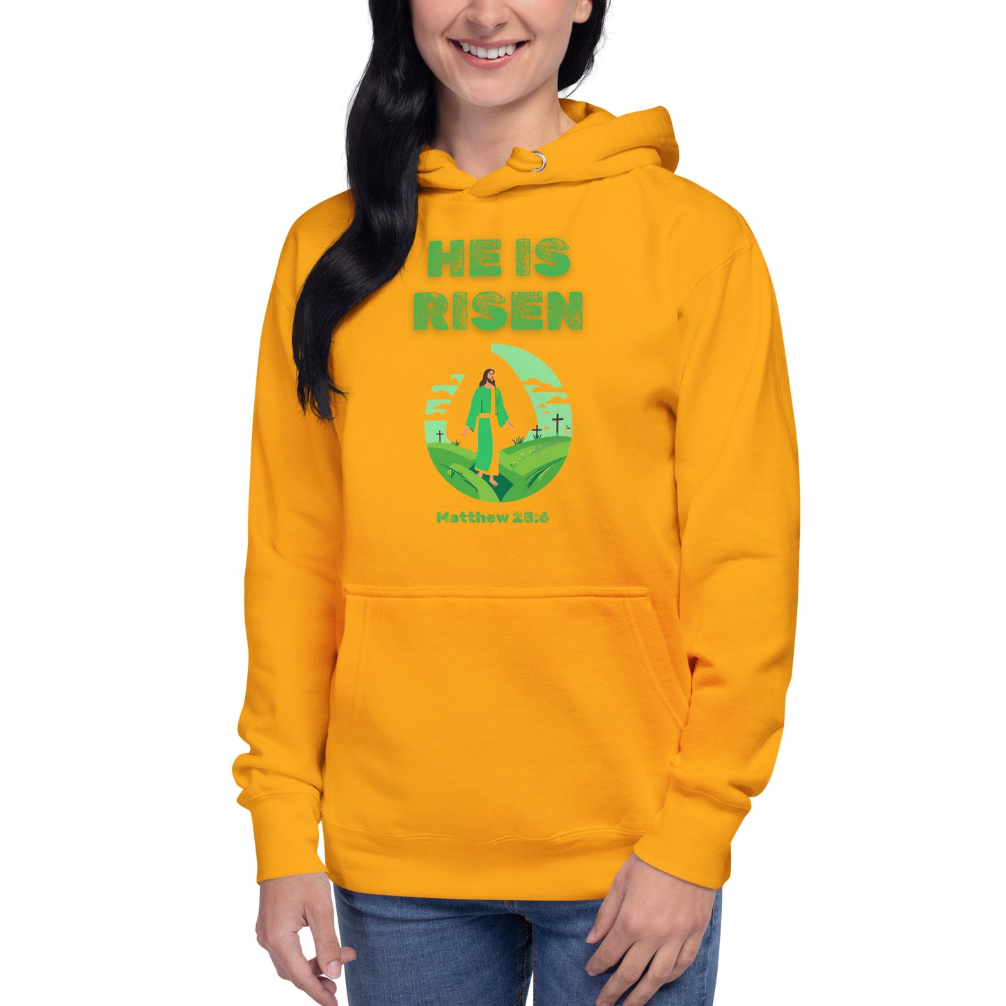 Tees of Worship yellow hoodie with He Is Risen text and Christian resurrection graphic