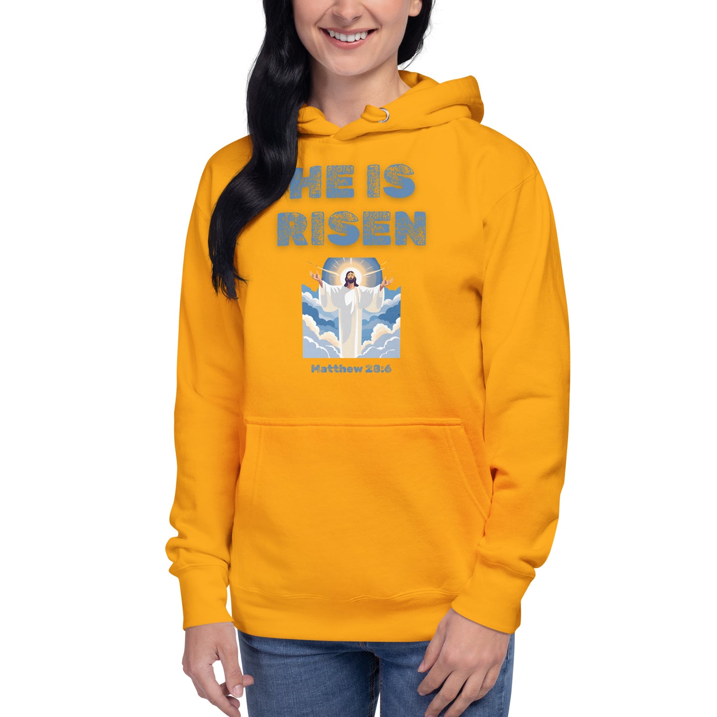 Tees of Worship yellow hoodie with He is risen text and Jesus illustration from Matthew 28:6