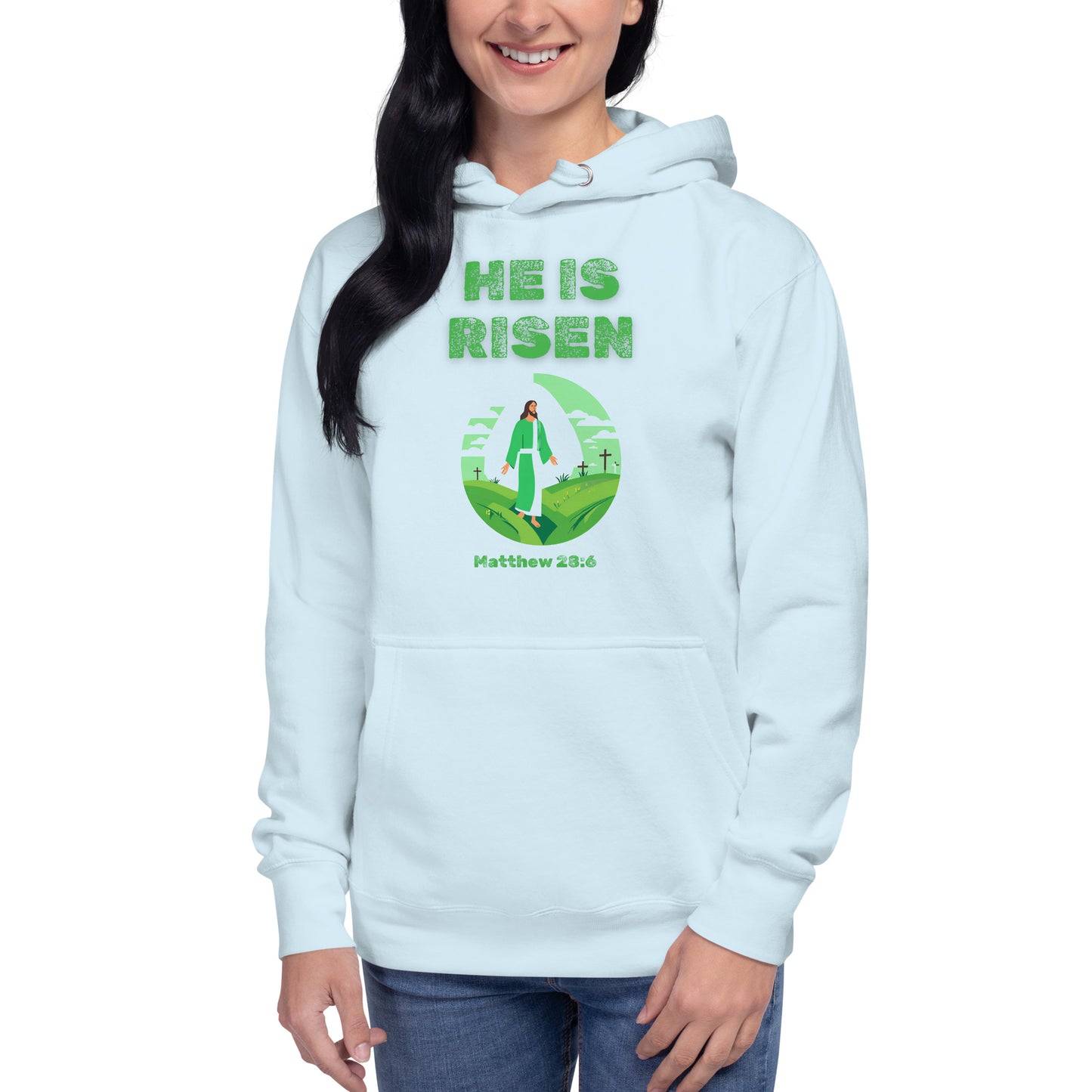 Light blue hoodie from Tees of Worship with He Is Risen text and Jesus illustration