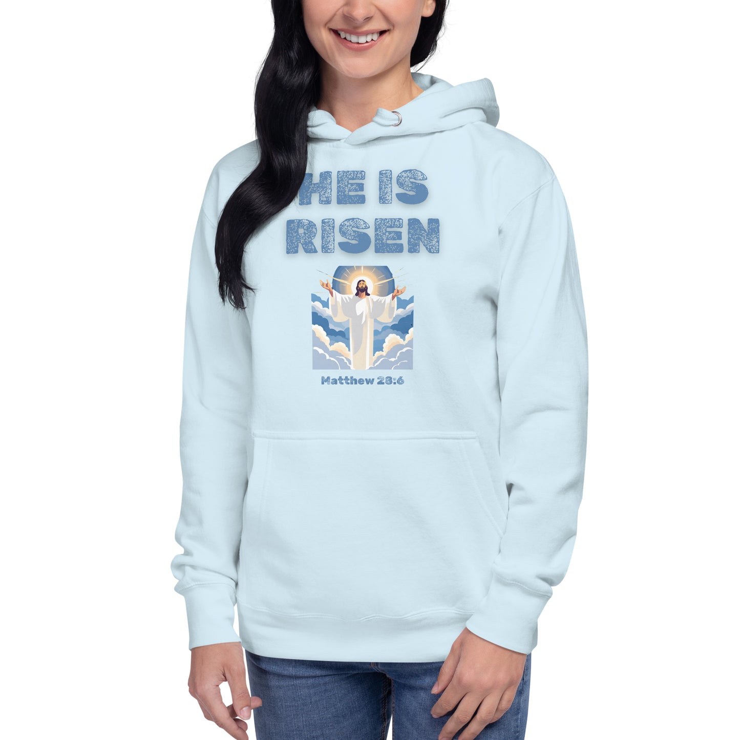 Light blue hoodie from Tees of Worship with He is risen text and Jesus graphic from Matthew 28:6