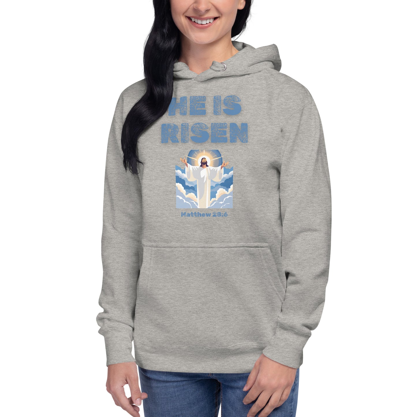 Gray hoodie from Tees of Worship with He is risen text and Jesus illustration on front