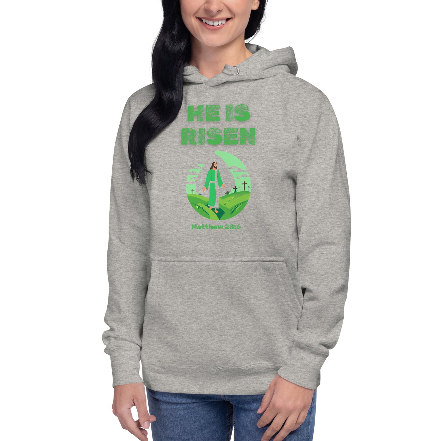Gray hoodie from Tees of Worship with green He Is Risen design and Matthew 28:6 text